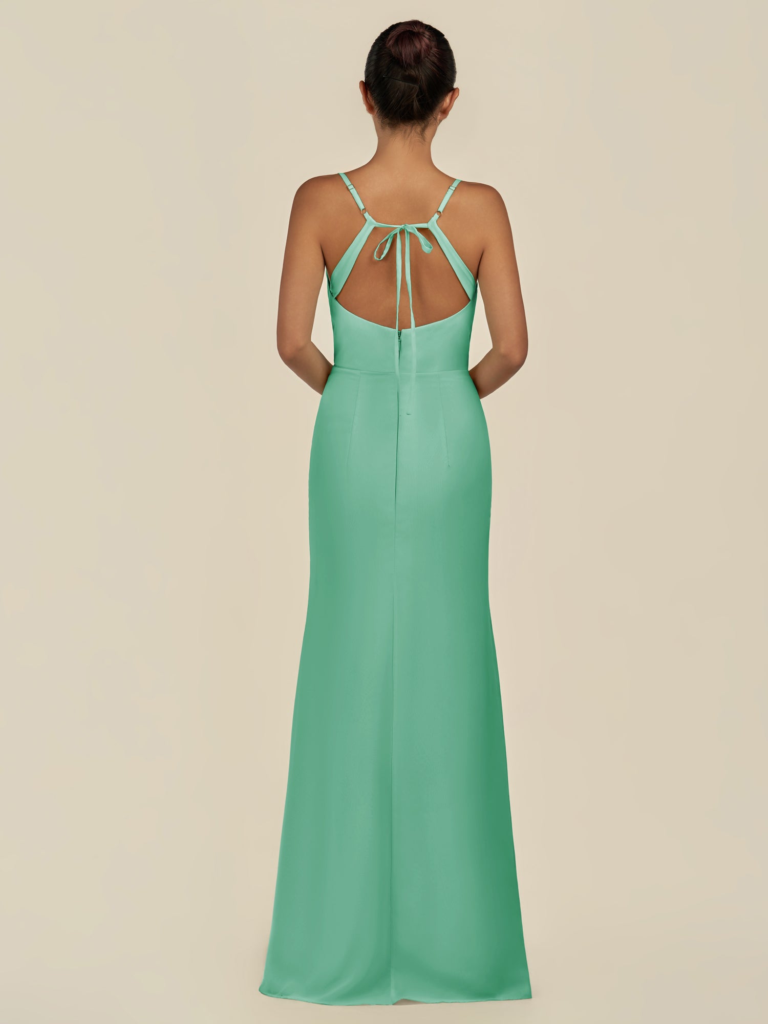 KissDress-Unity Turquoise Sheath Spaghetti Straps Chiffon Ruched Long Bridesmaid Dress