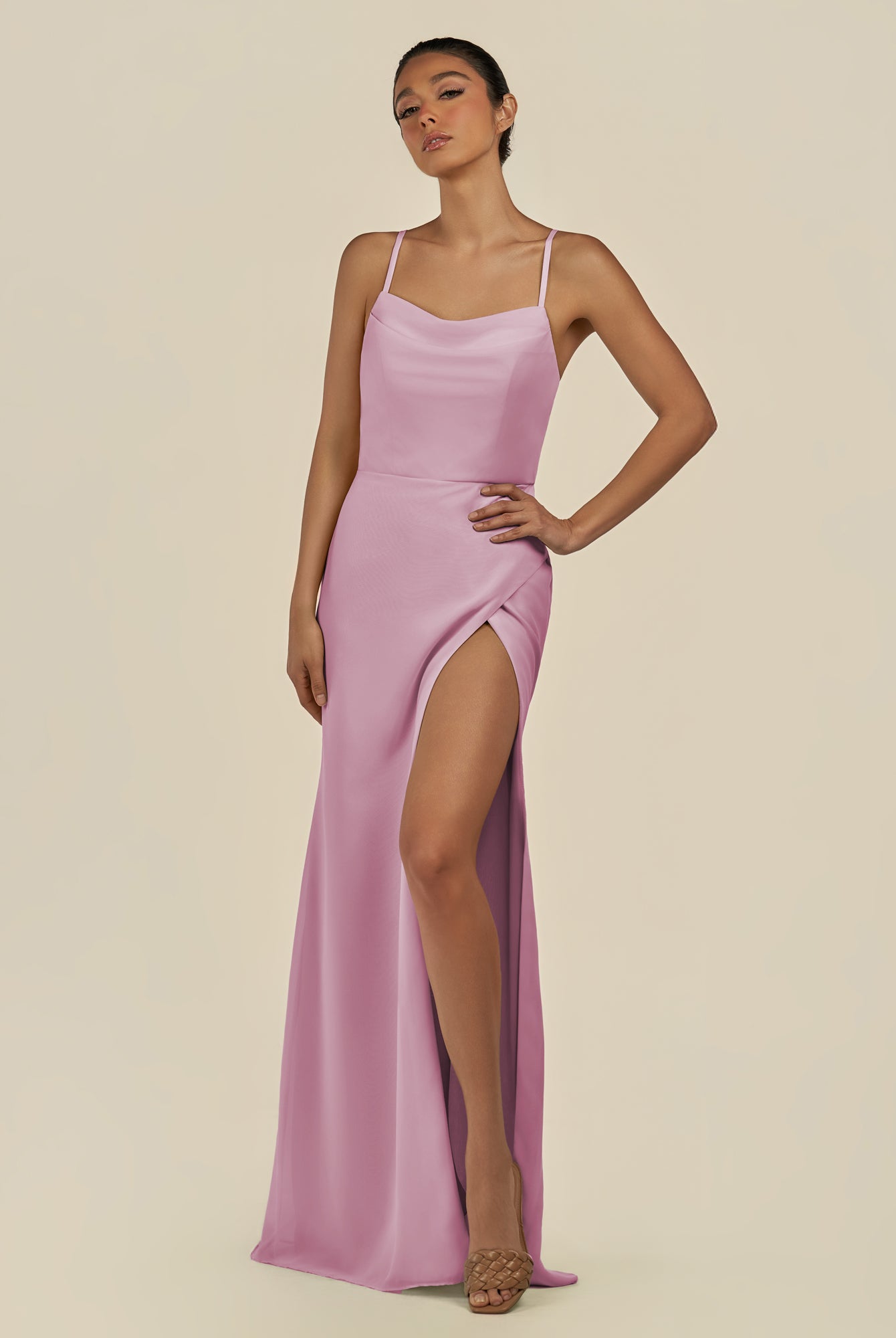 KissDress-Unity Vintage Mauve Sheath Spaghetti Straps Chiffon Ruched Long Bridesmaid Dress