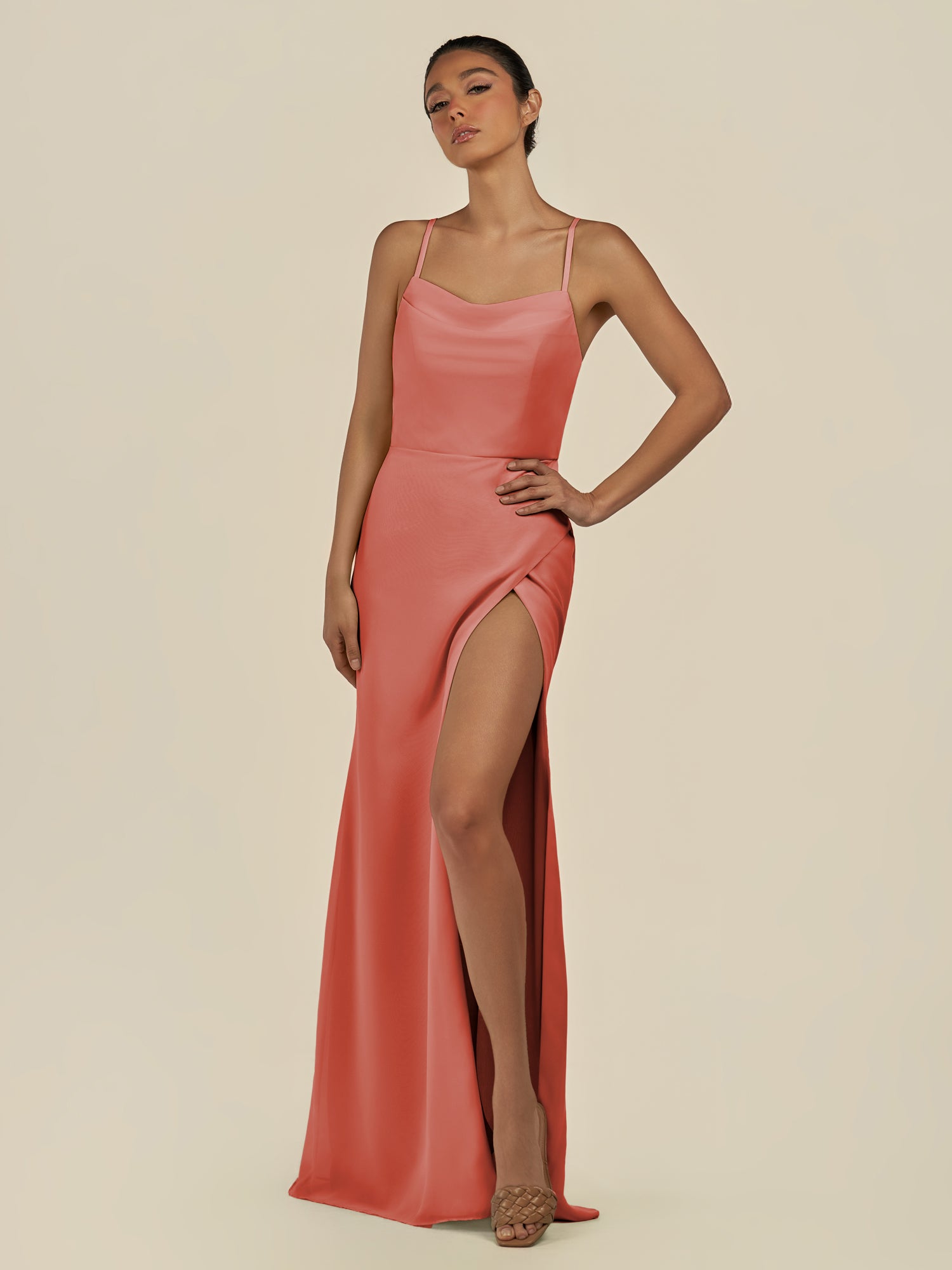 KissDress-Unity Wild Rose Sheath Spaghetti Straps Chiffon Ruched Long Bridesmaid Dress
