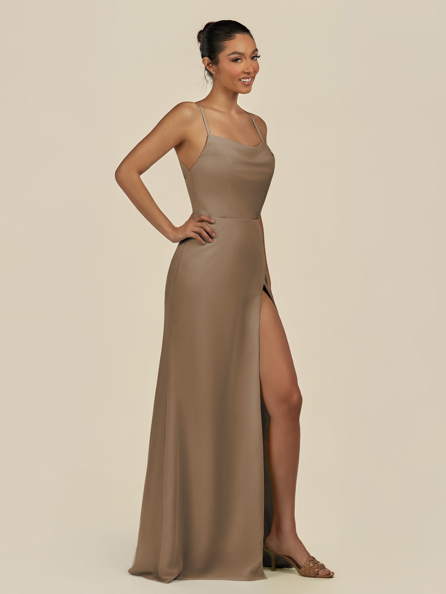 KissDress-Unity Willow Green Sheath Spaghetti Straps Chiffon Ruched Long Bridesmaid Dress