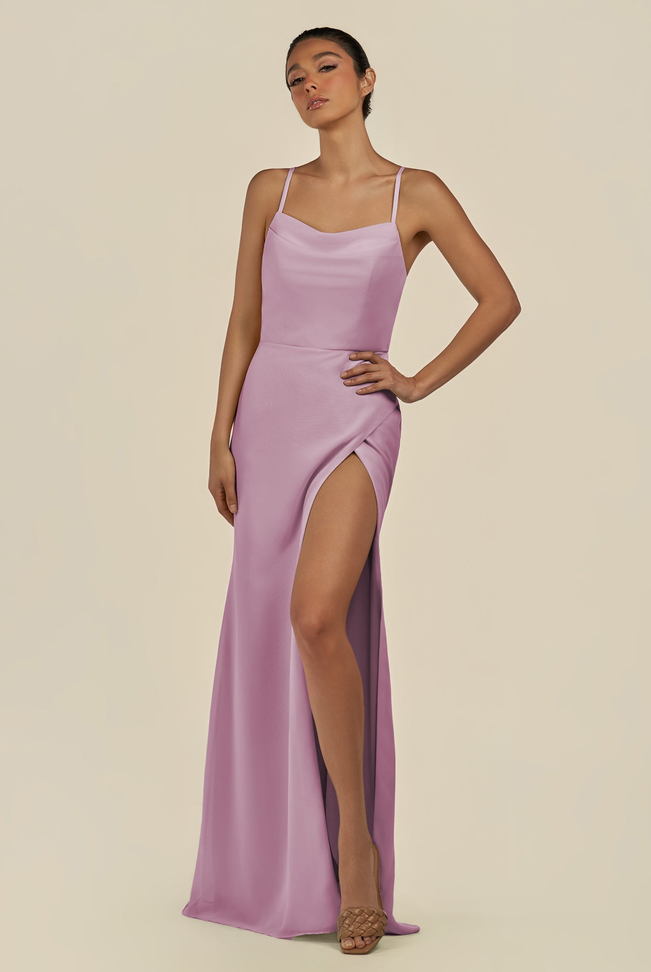 KissDress-Unity Wisteria Sheath Spaghetti Straps Chiffon Ruched Long Bridesmaid Dress