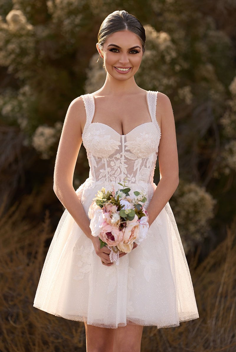 Unqiue A - Line Sweetheart Sequin Short Wedding Dress with Appliques - KissProm