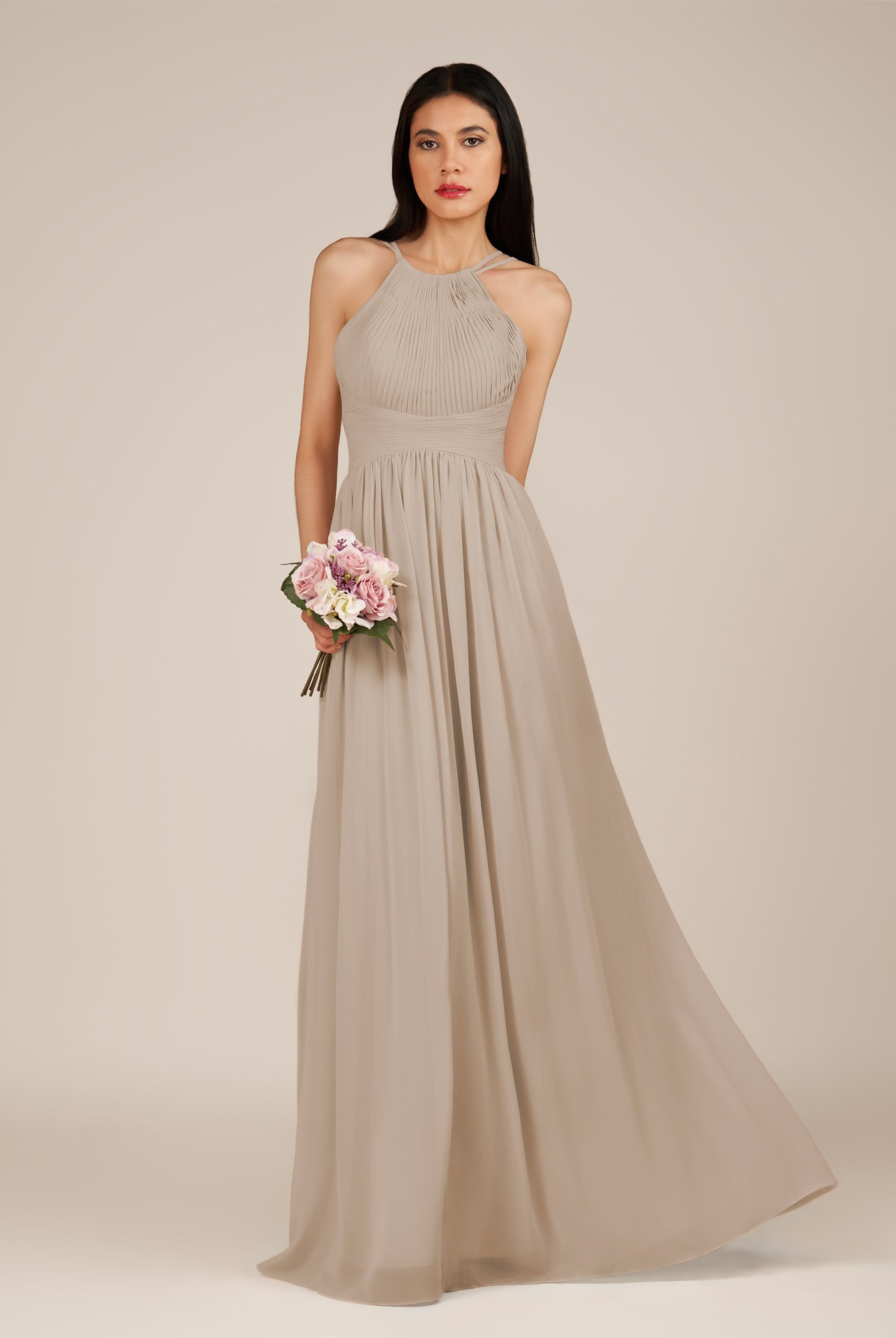 KissDress-Ursa Almond A Line Chiffon Halter Neck Long Bridesmaid Dress with Pleats