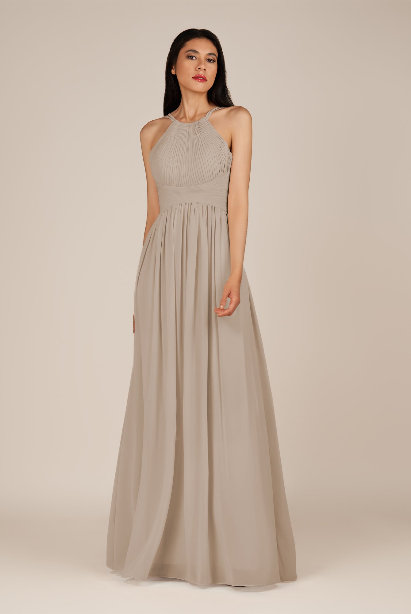 KissDress-Ursa Almond A Line Chiffon Halter Neck Long Bridesmaid Dress with Pleats