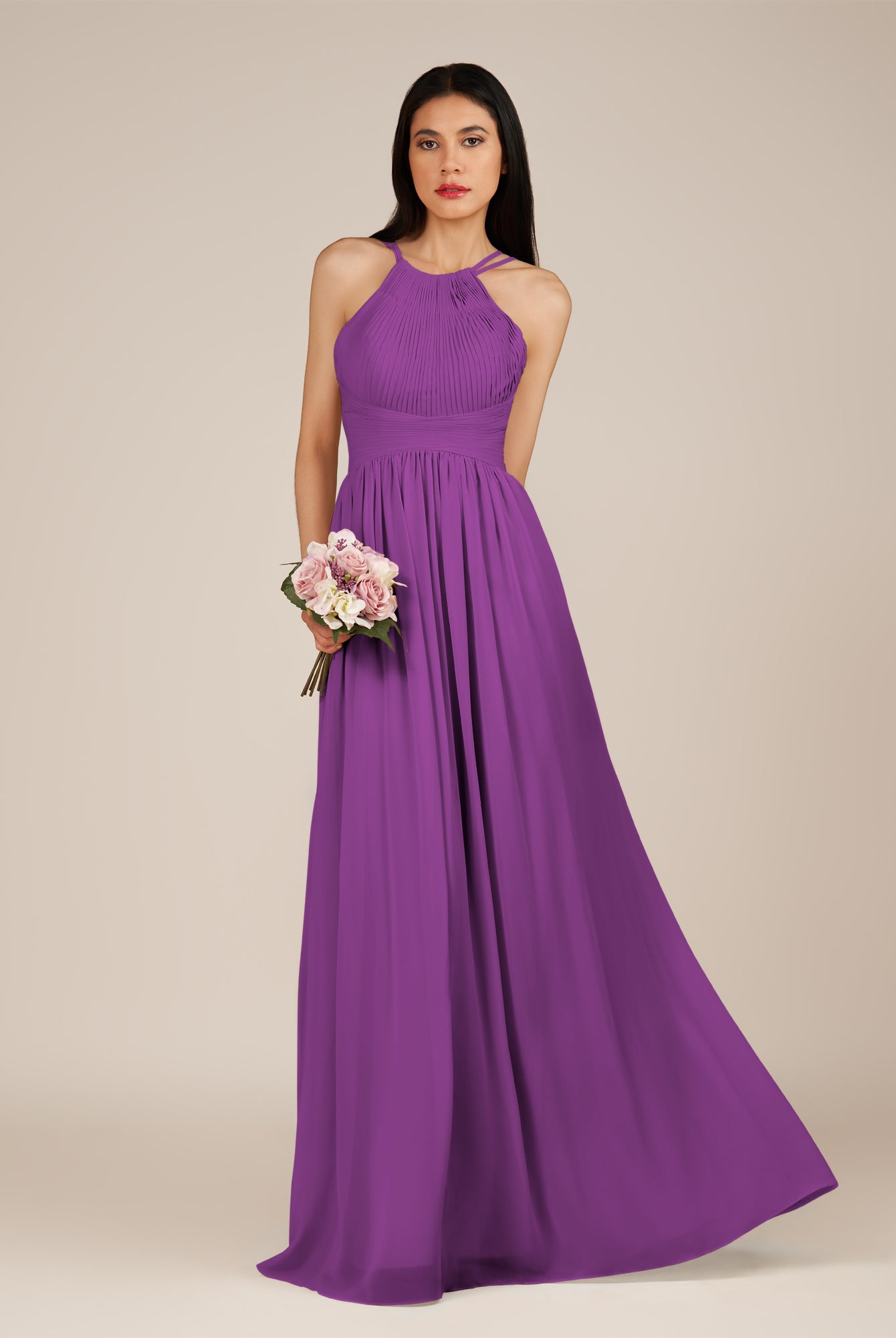 KissDress-Ursa Amethyst A Line Chiffon Halter Neck Long Bridesmaid Dress with Pleats
