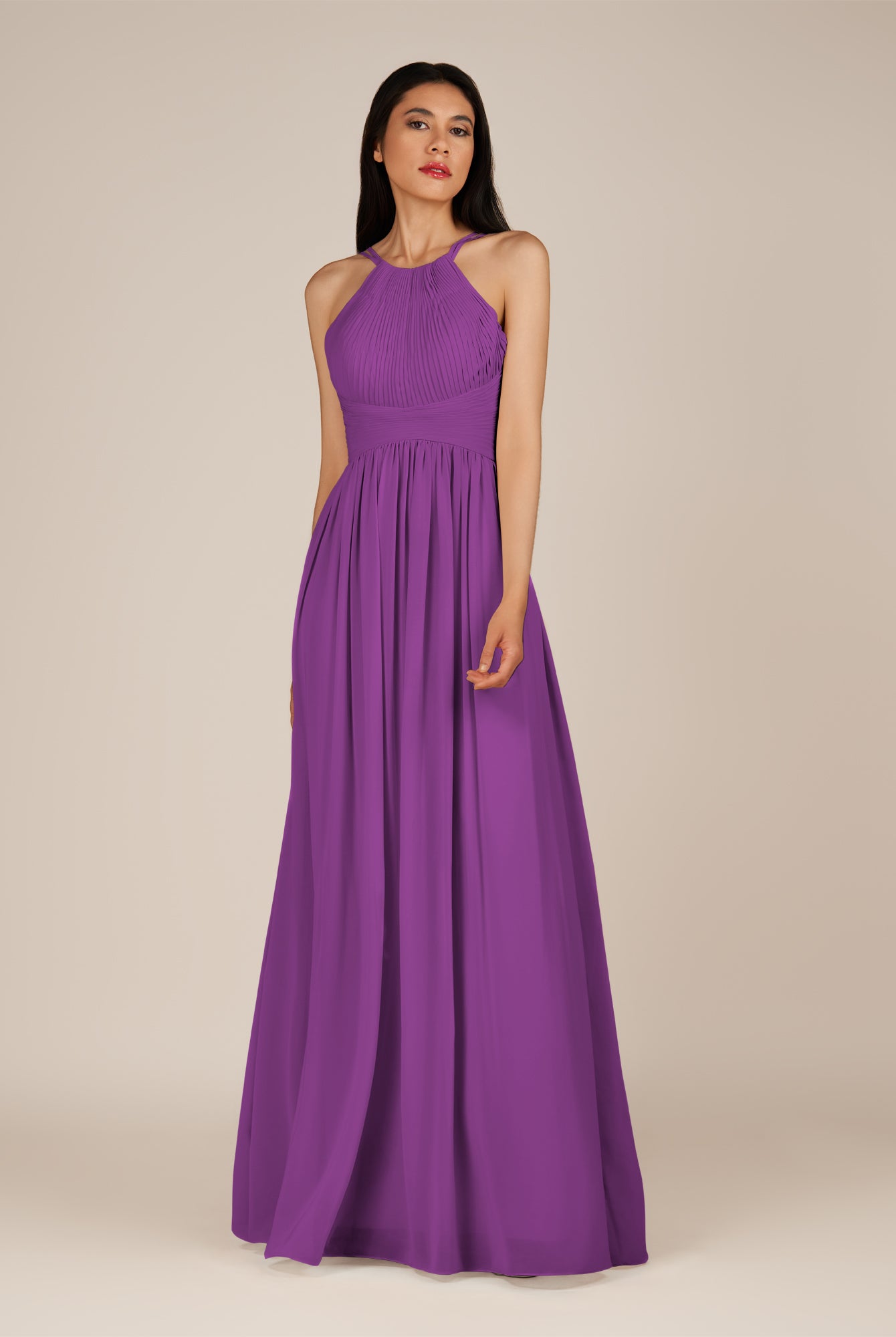 KissDress-Ursa Amethyst A Line Chiffon Halter Neck Long Bridesmaid Dress with Pleats