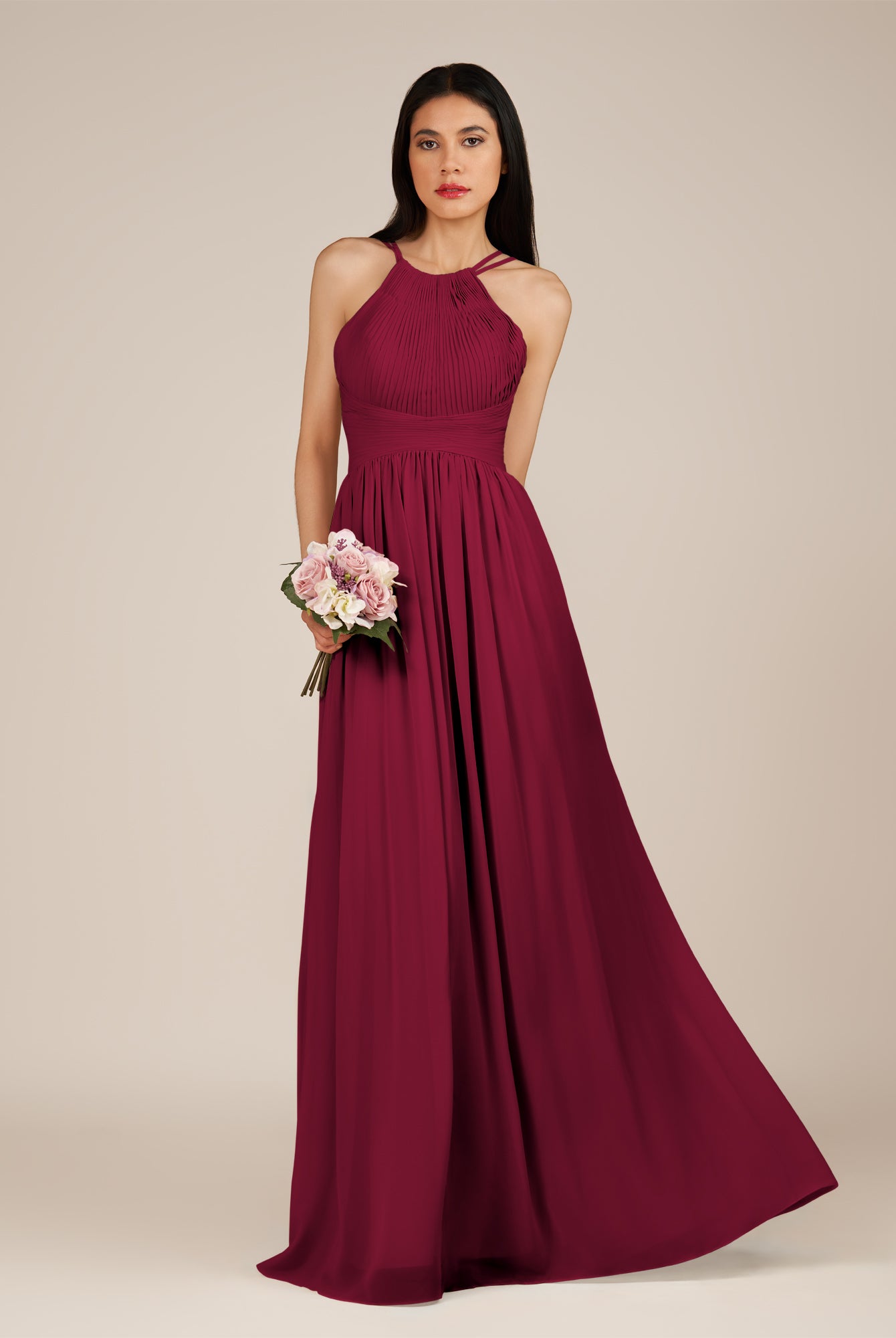 KissDress-Ursa Berry A Line Chiffon Halter Neck Long Bridesmaid Dress with Pleats