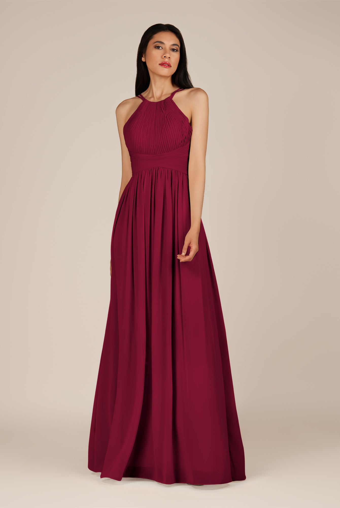 KissDress-Ursa Berry A Line Chiffon Halter Neck Long Bridesmaid Dress with Pleats