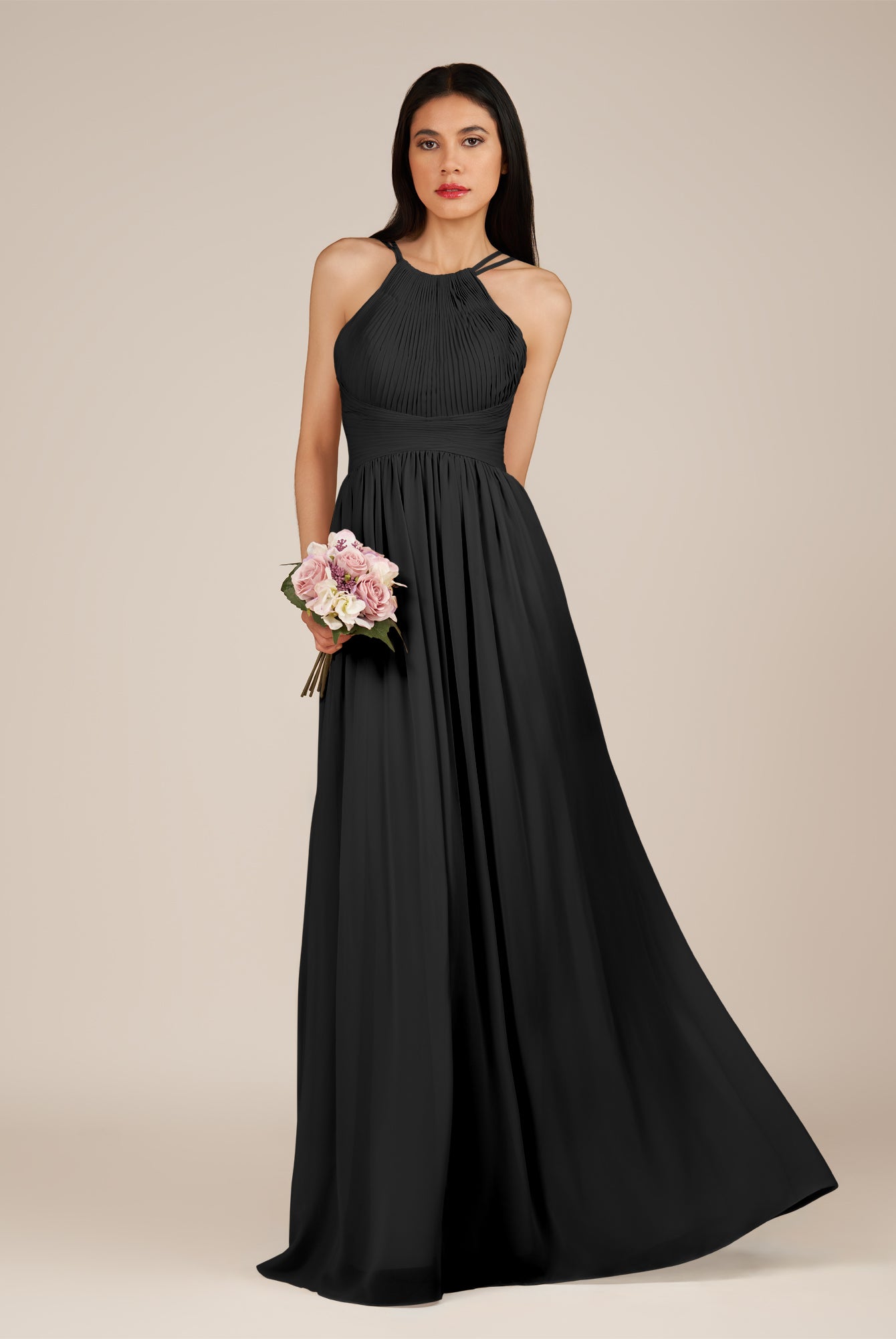 KissDress-Ursa Black A Line Chiffon Halter Neck Long Bridesmaid Dress with Pleats