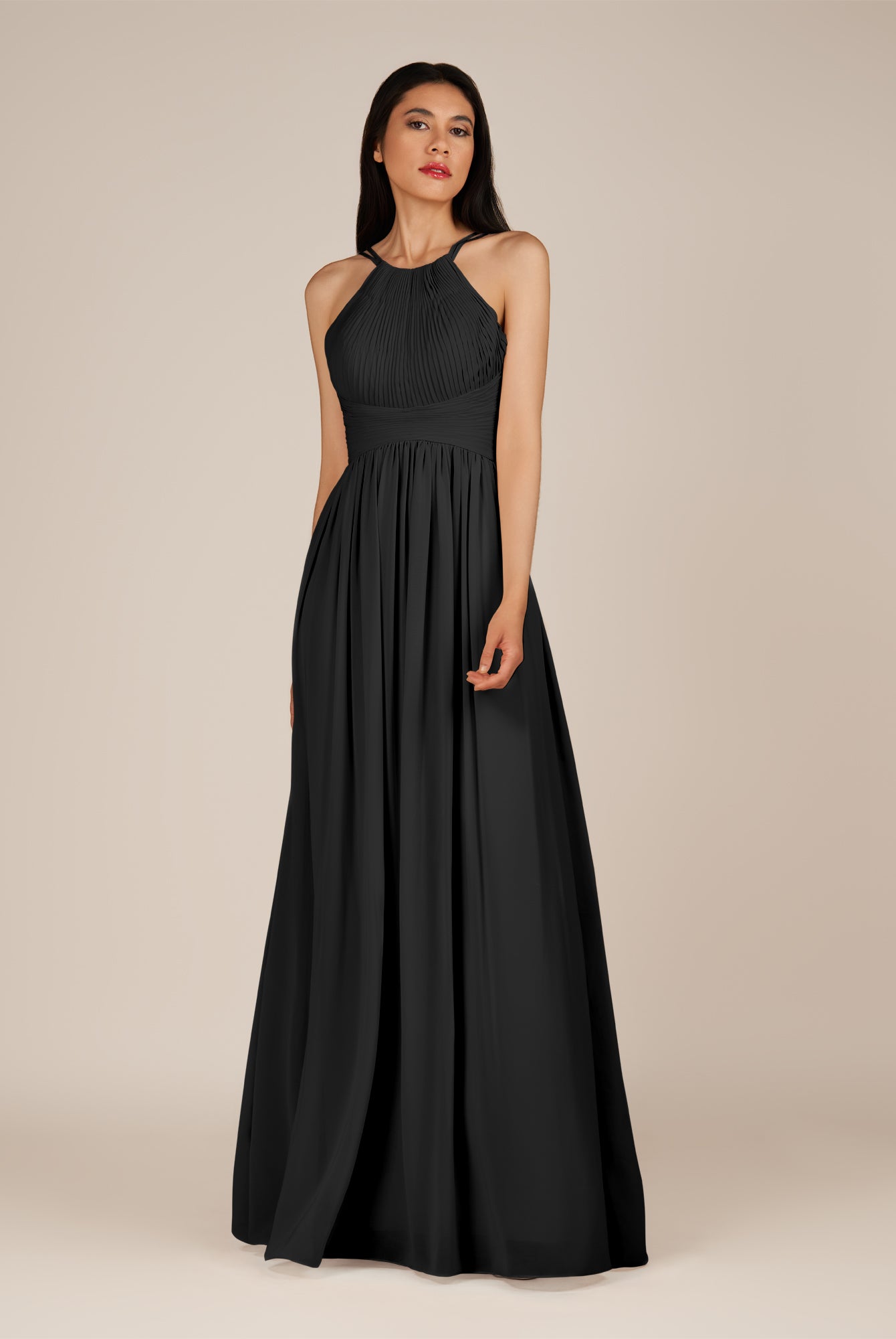 KissDress-Ursa Black A Line Chiffon Halter Neck Long Bridesmaid Dress with Pleats