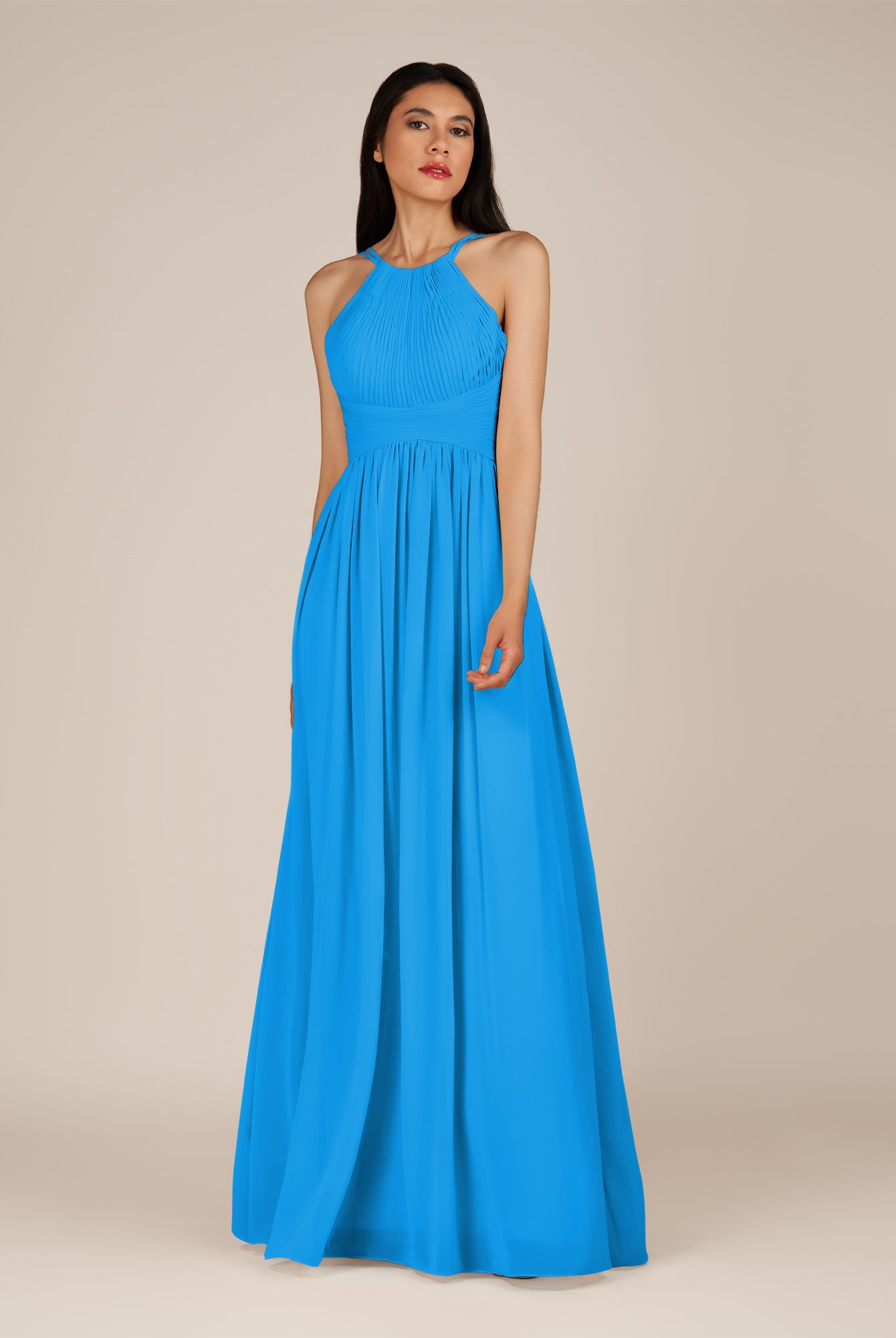 KissDress-Ursa Blue Jay A Line Chiffon Halter Neck Long Bridesmaid Dress with Pleats