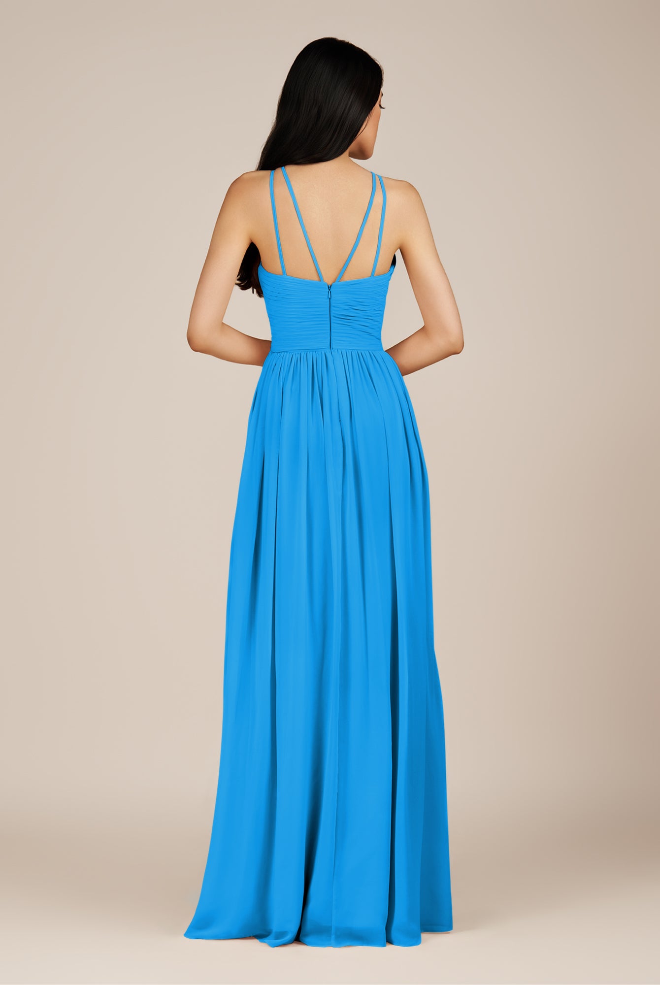 KissDress-Ursa Blue Jay A Line Chiffon Halter Neck Long Bridesmaid Dress with Pleats