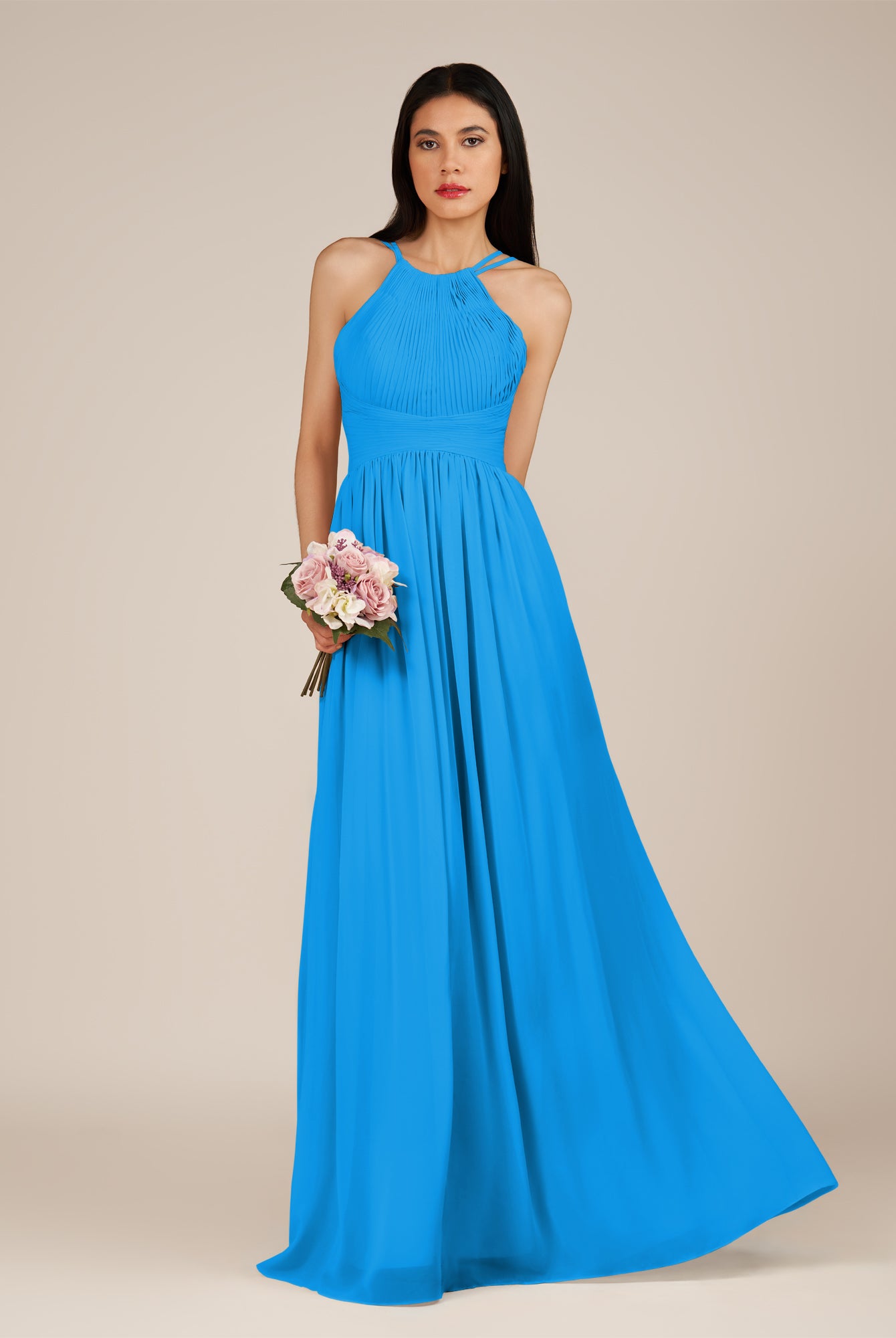 KissDress-Ursa Blue Jay A Line Chiffon Halter Neck Long Bridesmaid Dress with Pleats
