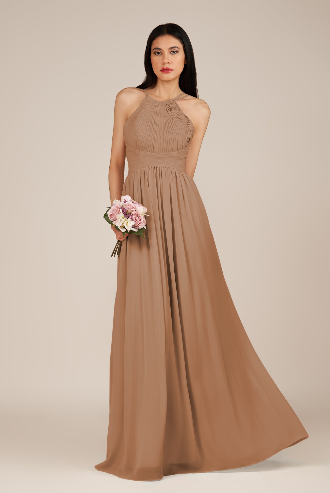 KissDress-Ursa Bronzer A Line Chiffon Halter Neck Long Bridesmaid Dress with Pleats