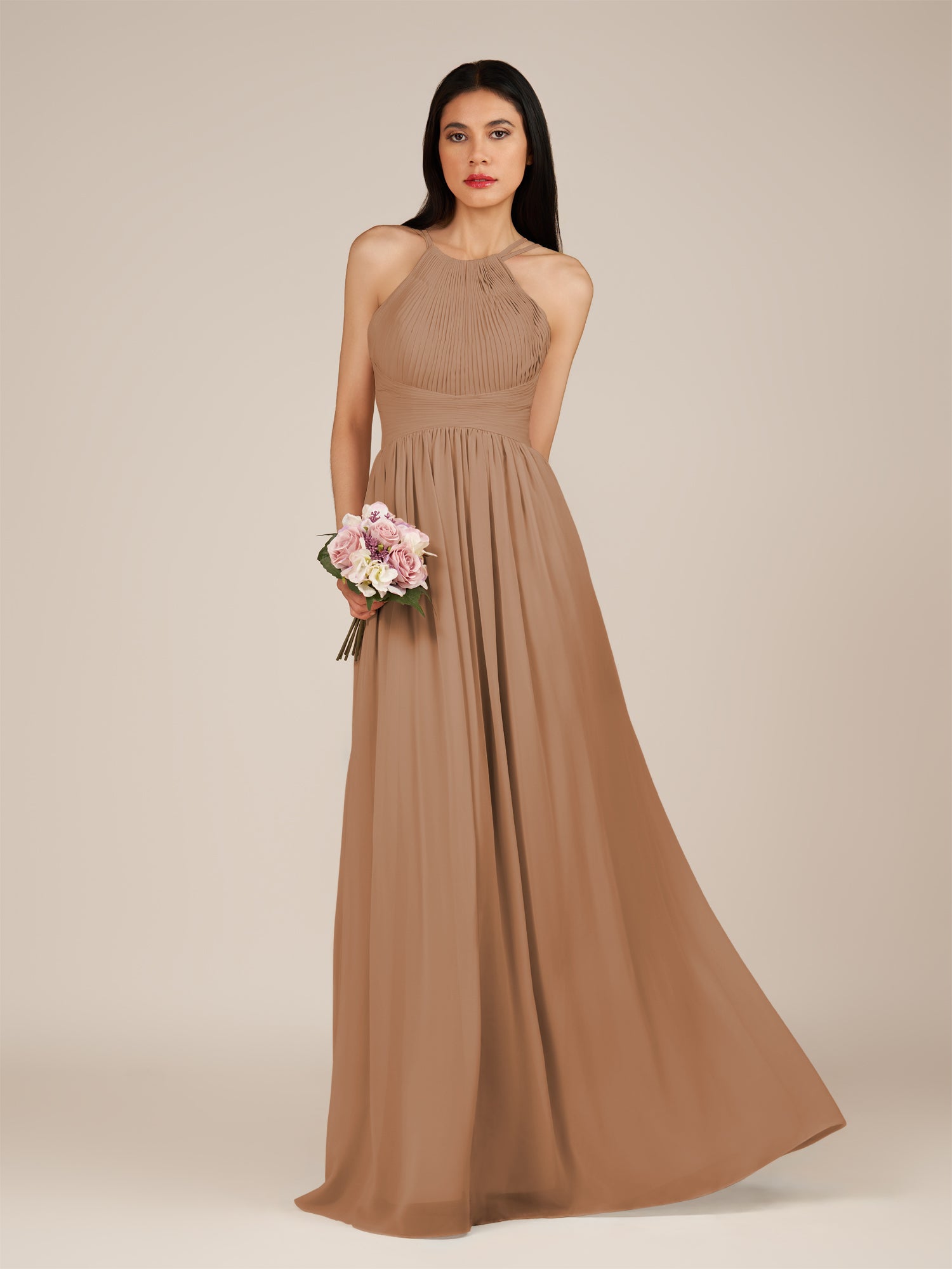 KissDress-Ursa Bronzer A Line Chiffon Halter Neck Long Bridesmaid Dress with Pleats