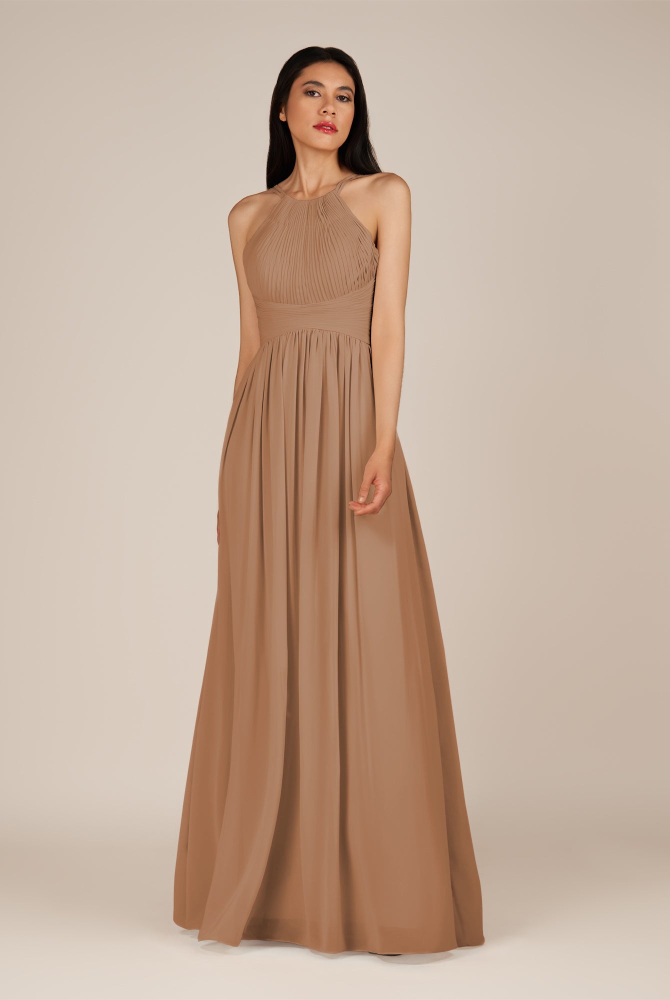 KissDress-Ursa Bronzer A Line Chiffon Halter Neck Long Bridesmaid Dress with Pleats
