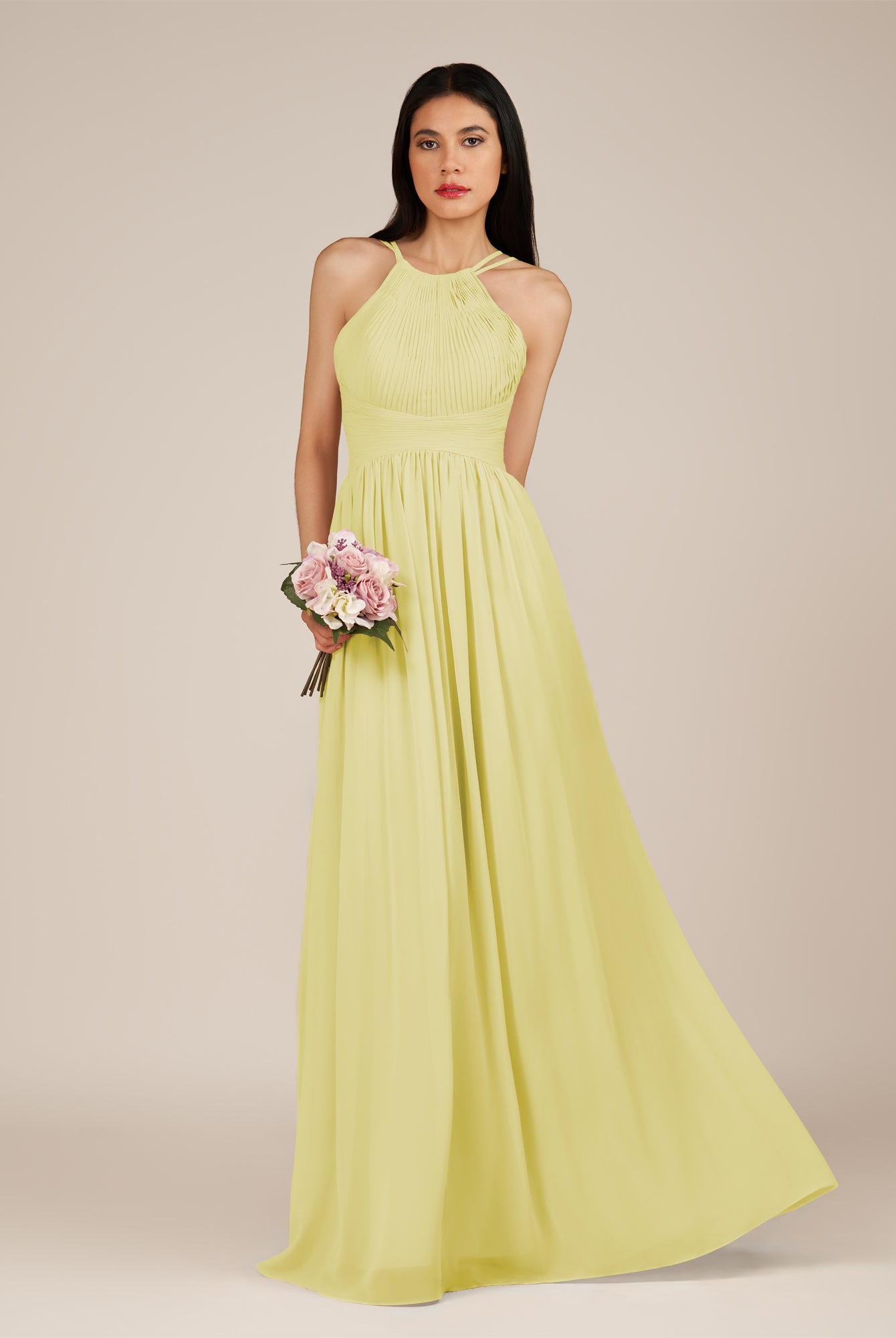 KissDress-Ursa Buttercup A Line Chiffon Halter Neck Long Bridesmaid Dress with Pleats
