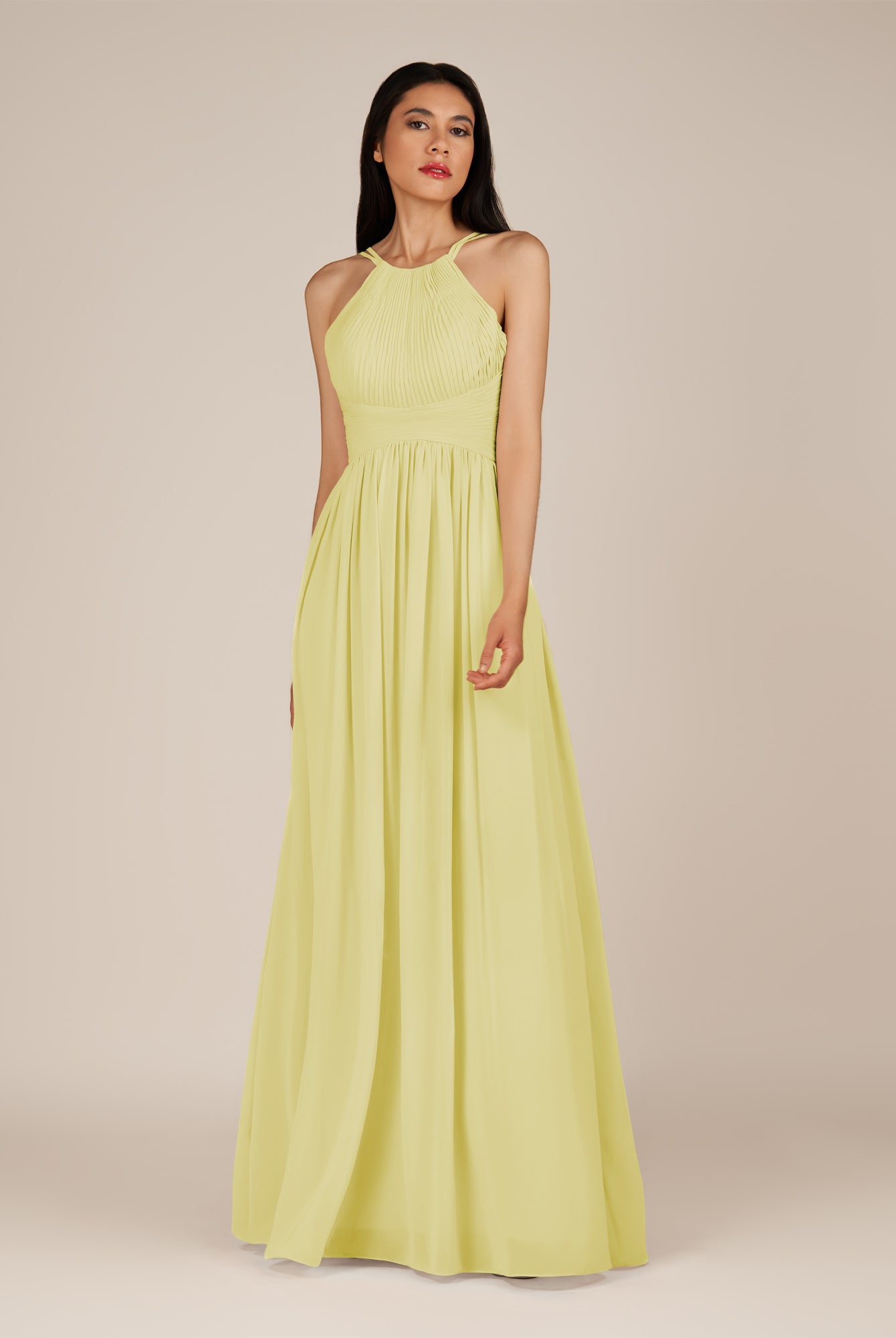 KissDress-Ursa Buttercup A Line Chiffon Halter Neck Long Bridesmaid Dress with Pleats