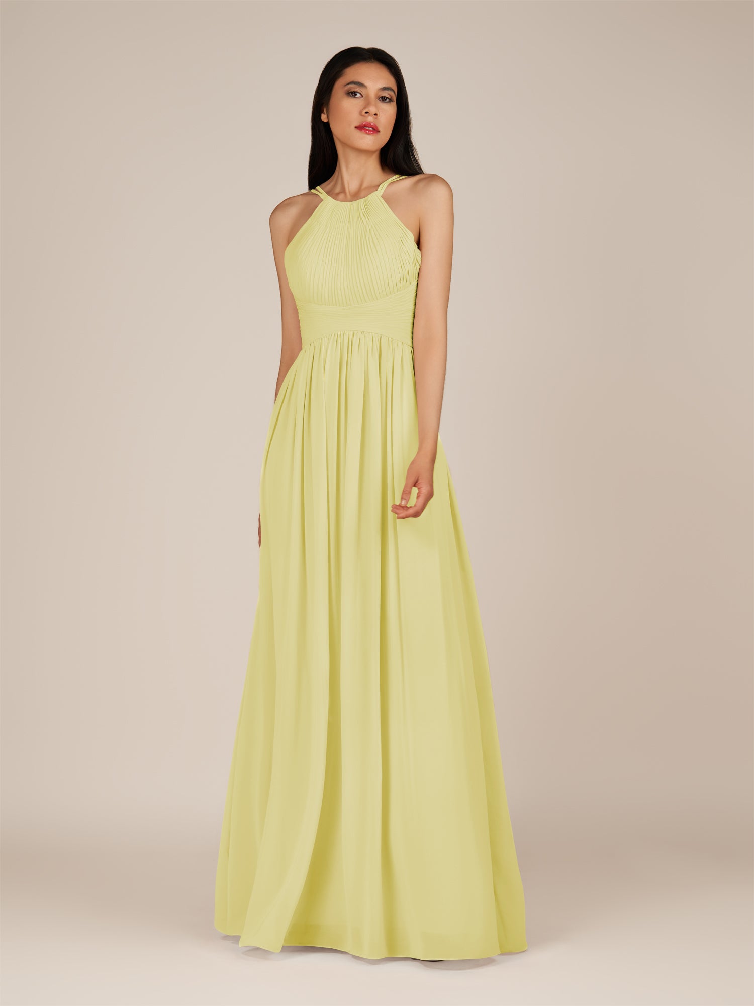 KissDress-Ursa Buttercup A Line Chiffon Halter Neck Long Bridesmaid Dress with Pleats