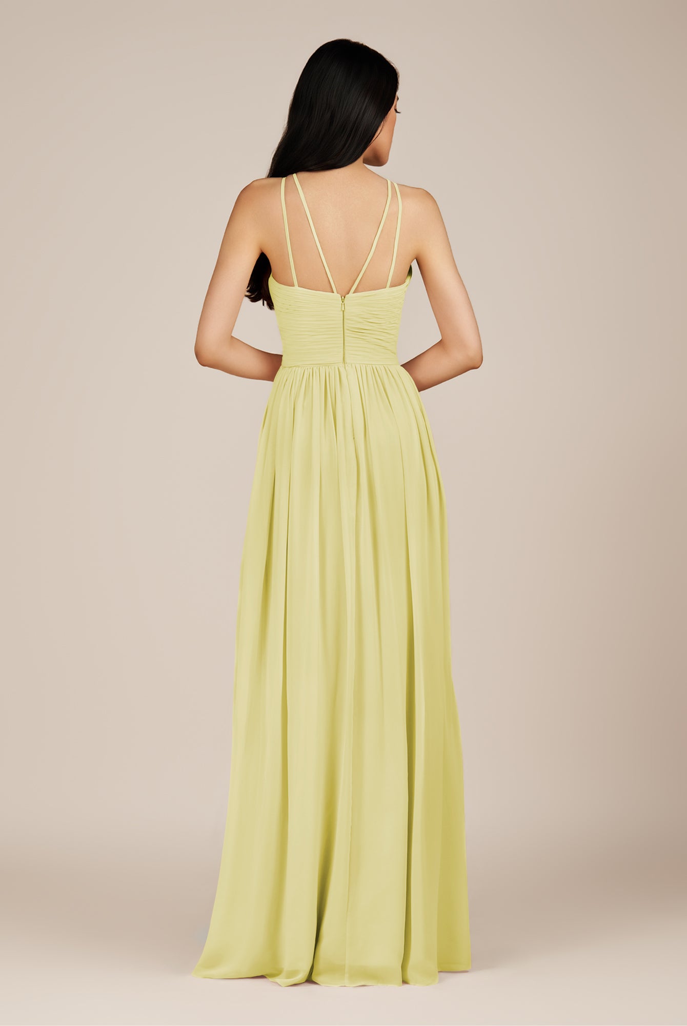 KissDress-Ursa Buttercup A Line Chiffon Halter Neck Long Bridesmaid Dress with Pleats