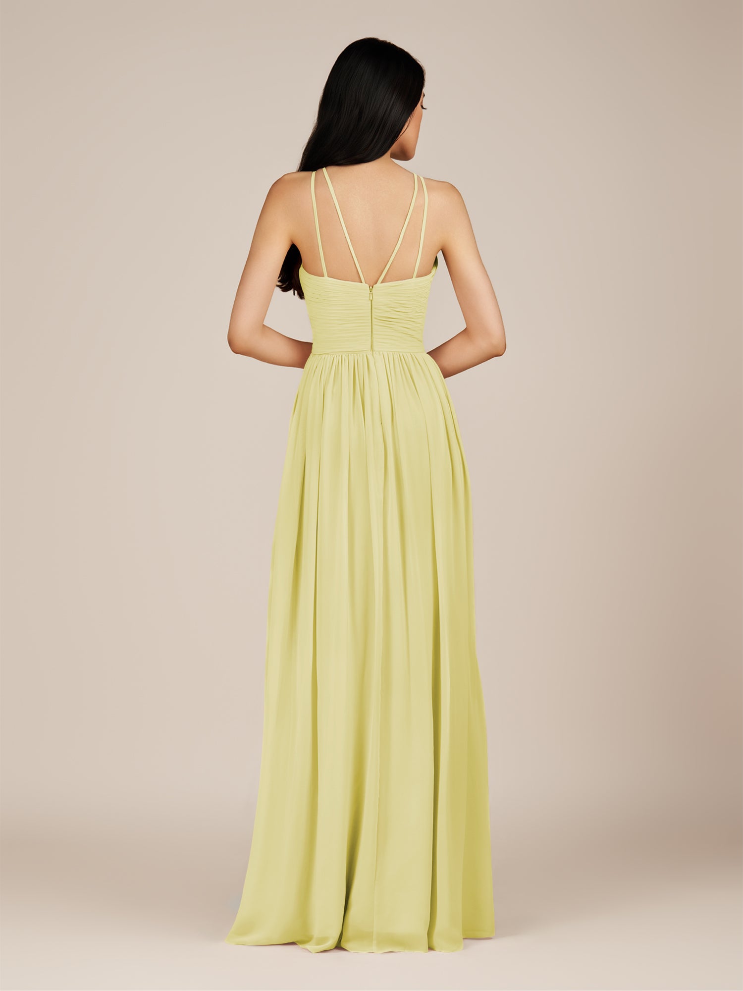KissDress-Ursa Buttercup A Line Chiffon Halter Neck Long Bridesmaid Dress with Pleats