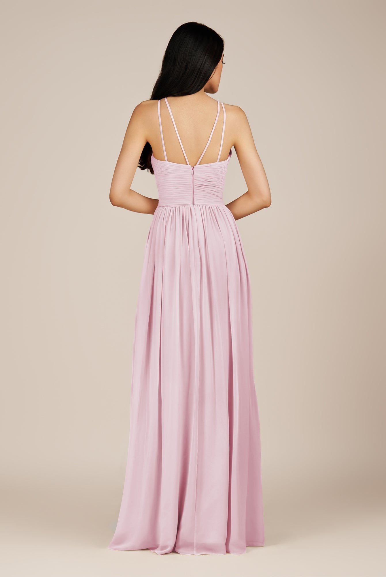KissDress-Ursa Candy Pink A Line Chiffon Halter Neck Long Bridesmaid Dress with Pleats