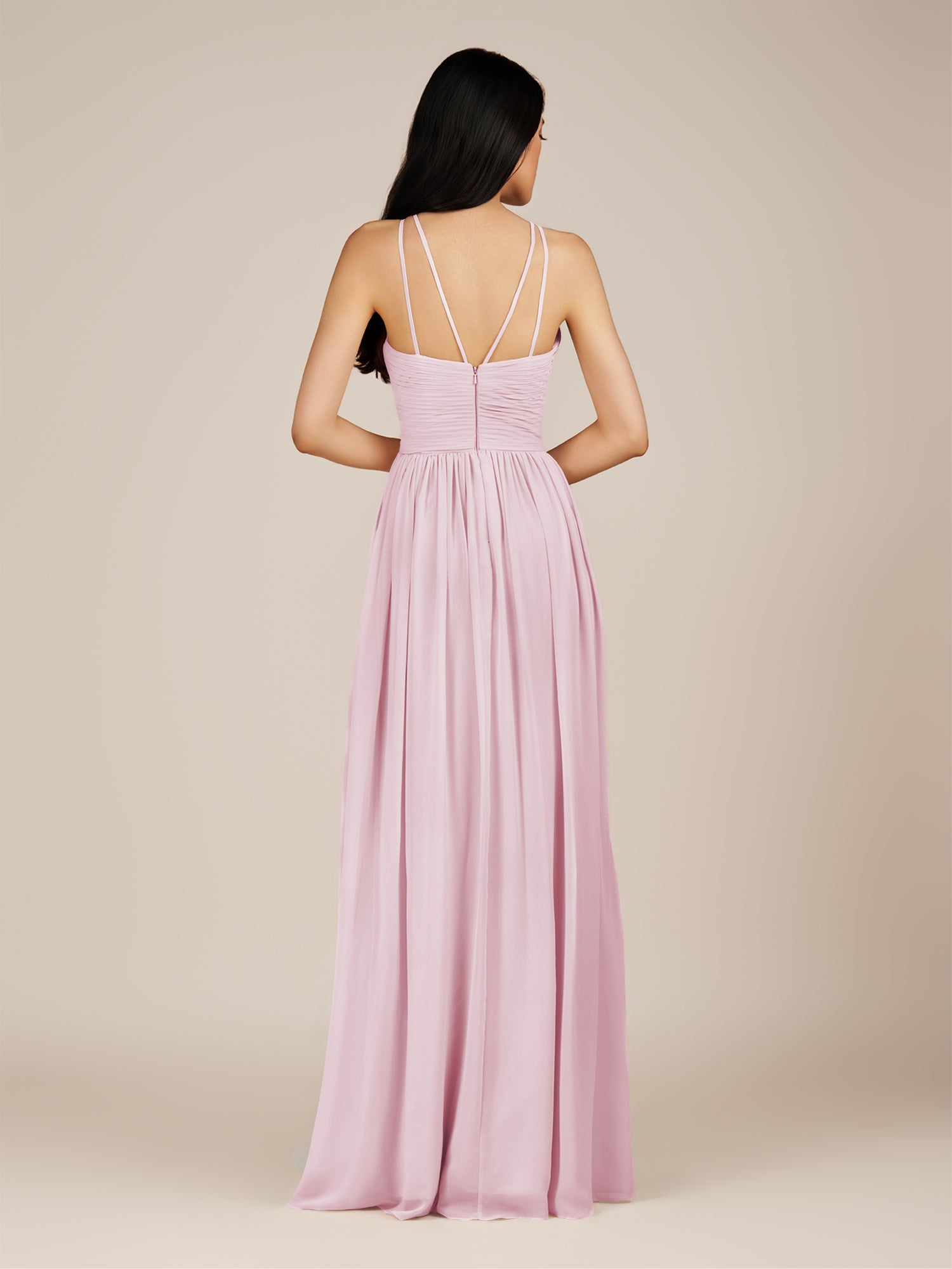 KissDress-Ursa Candy Pink A Line Chiffon Halter Neck Long Bridesmaid Dress with Pleats