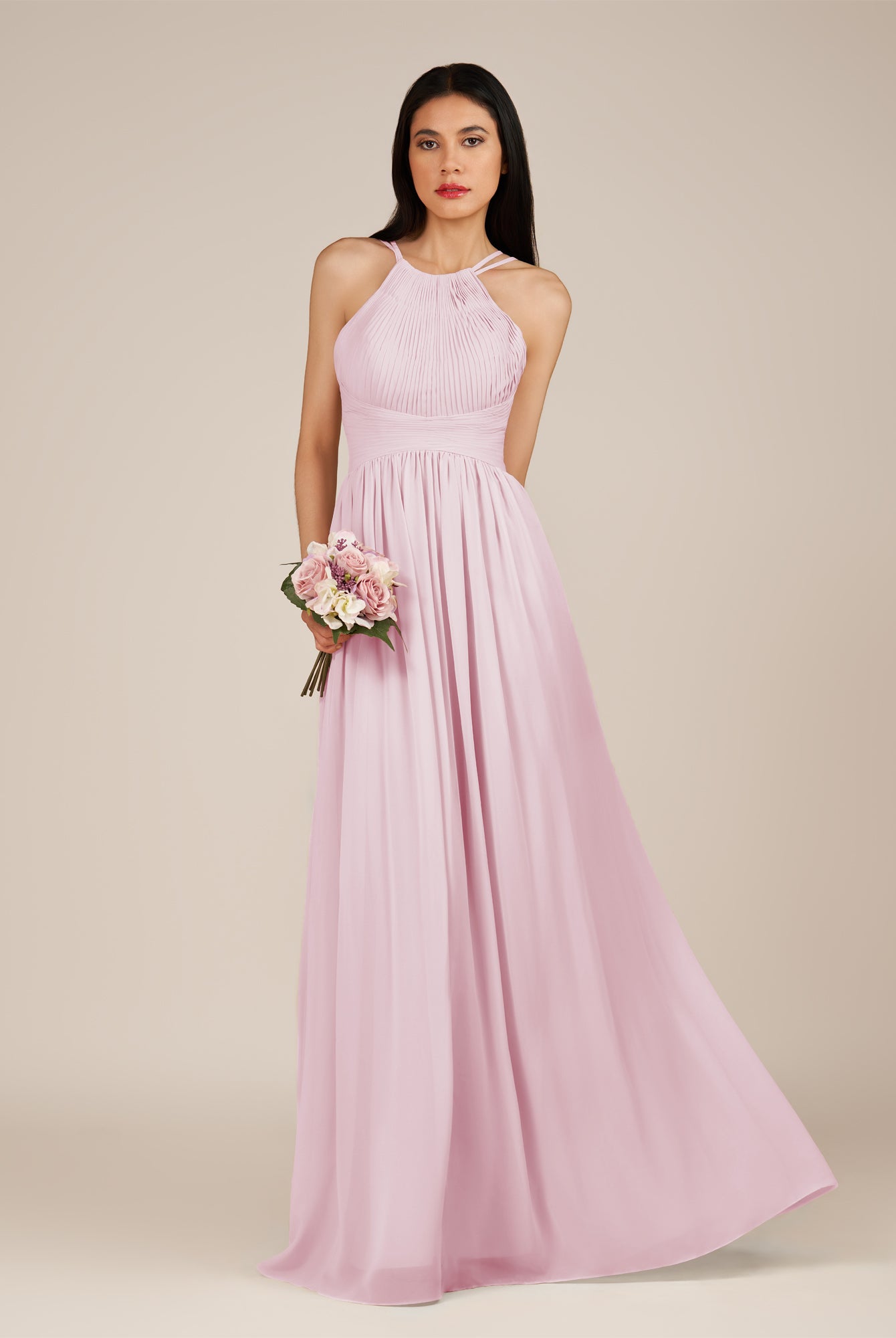 KissDress-Ursa Candy Pink A Line Chiffon Halter Neck Long Bridesmaid Dress with Pleats