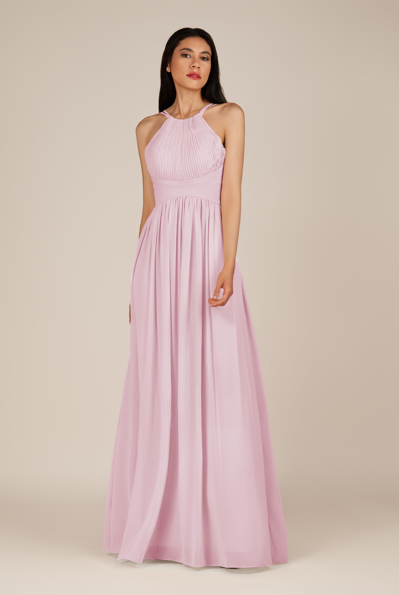 KissDress-Ursa Candy Pink A Line Chiffon Halter Neck Long Bridesmaid Dress with Pleats
