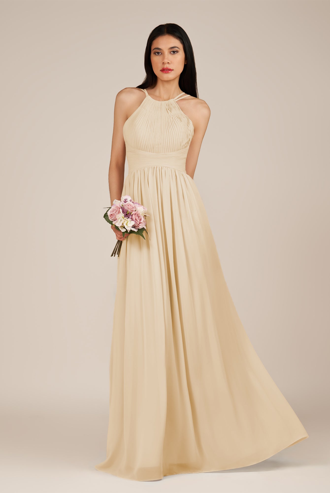 KissDress-Ursa Champagne A Line Chiffon Halter Neck Long Bridesmaid Dress with Pleats