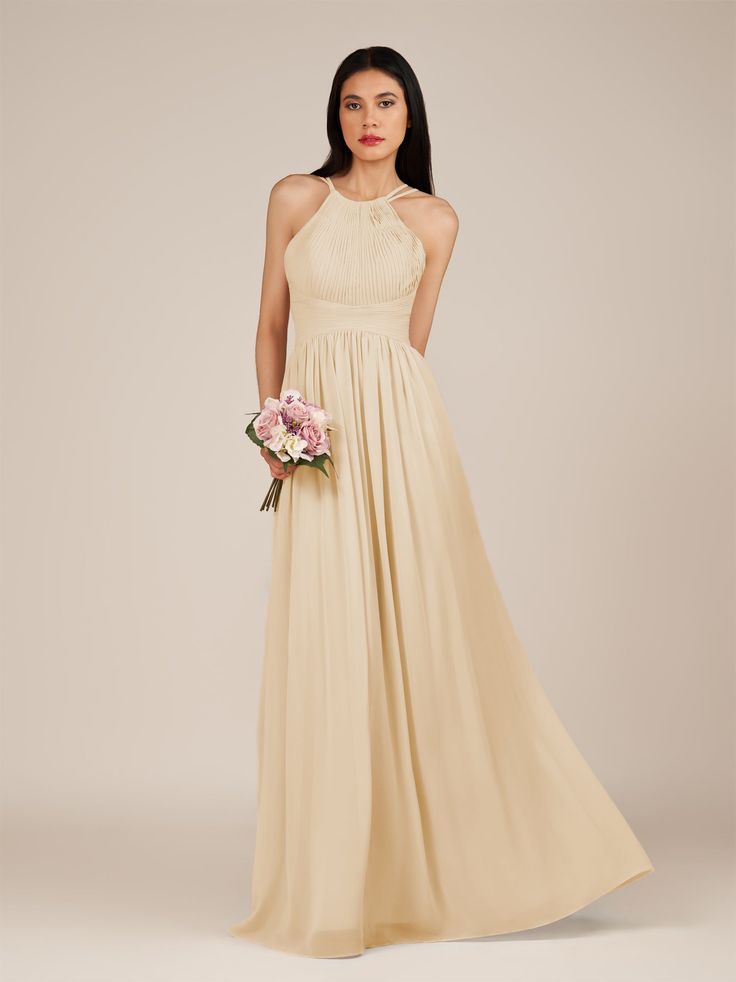 KissDress-Ursa Champagne A Line Chiffon Halter Neck Long Bridesmaid Dress with Pleats