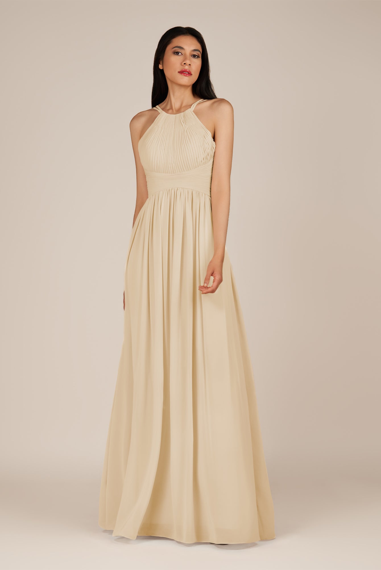KissDress-Ursa Champagne A Line Chiffon Halter Neck Long Bridesmaid Dress with Pleats