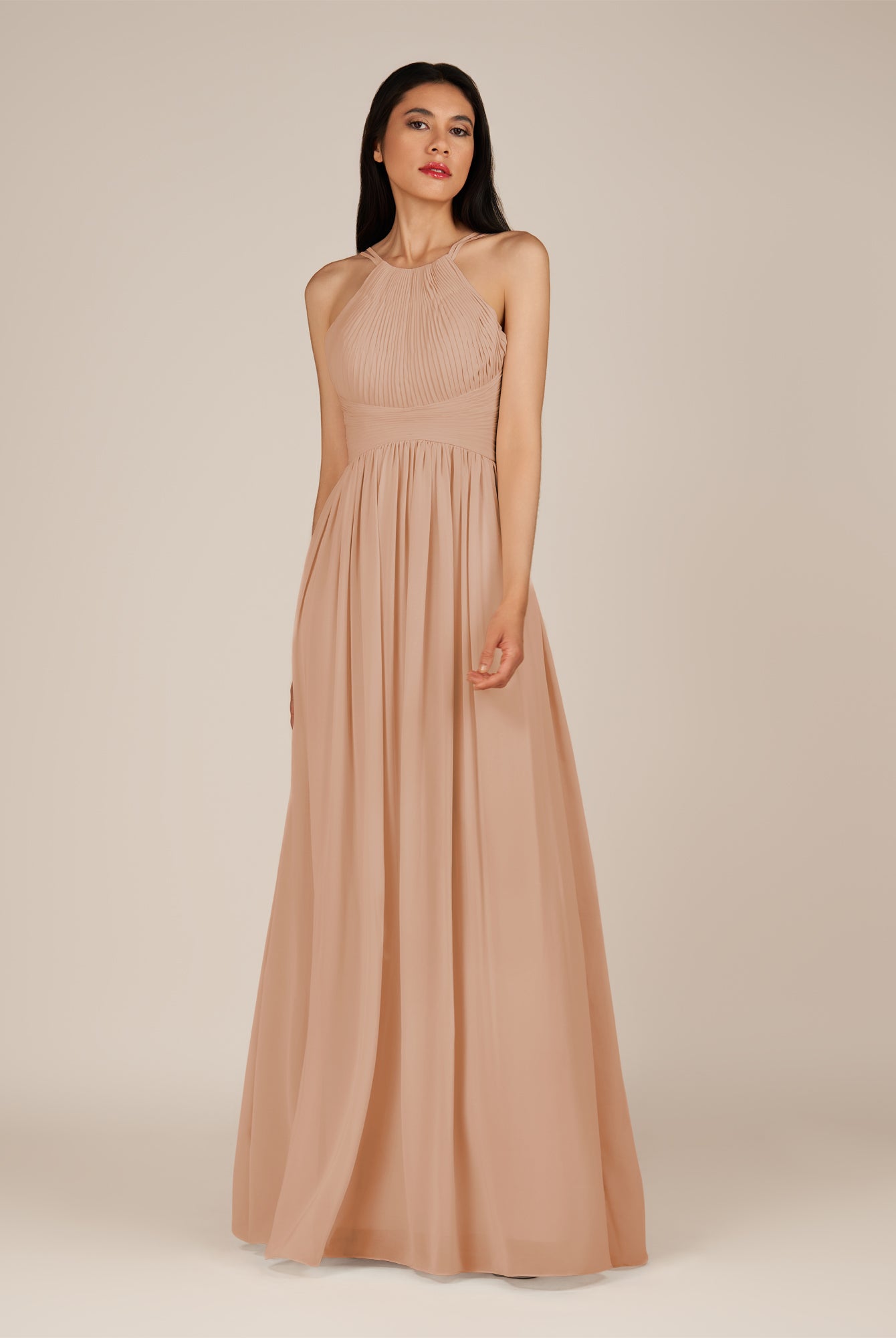KissDress-Ursa Champagne Rose A Line Chiffon Halter Neck Long Bridesmaid Dress with Pleats