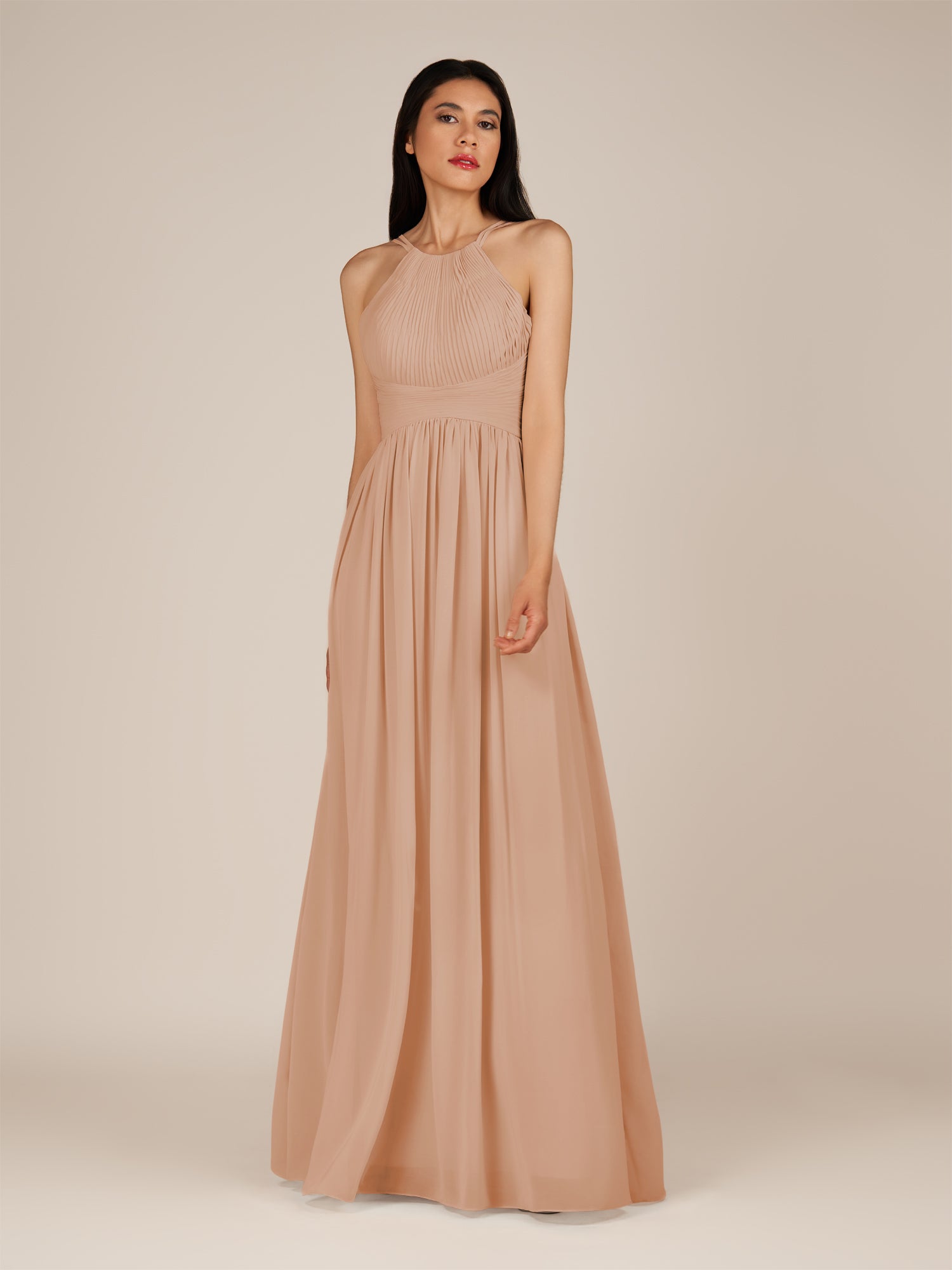 KissDress-Ursa Champagne Rose A Line Chiffon Halter Neck Long Bridesmaid Dress with Pleats