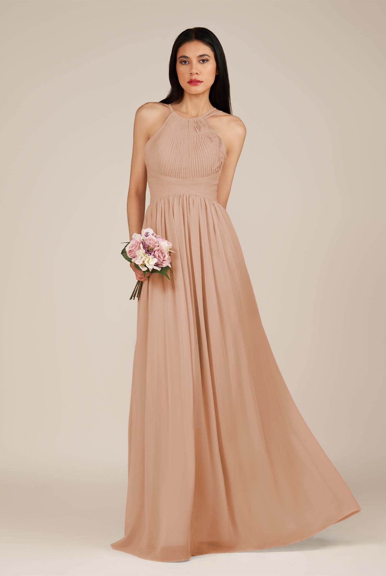 KissDress-Ursa Champagne Rose A Line Chiffon Halter Neck Long Bridesmaid Dress with Pleats