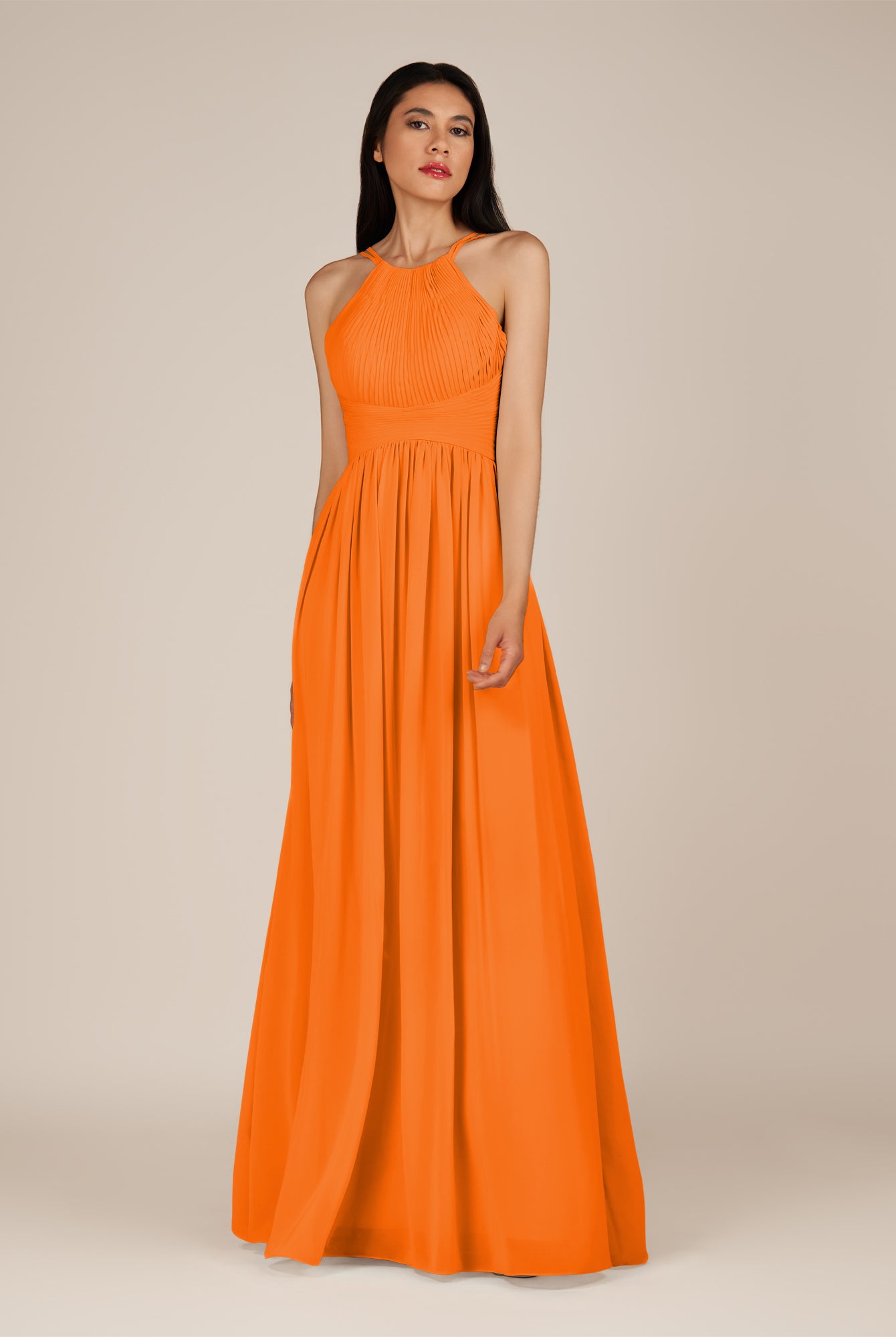 KissDress-Ursa Cinnamon A Line Chiffon Halter Neck Long Bridesmaid Dress with Pleats