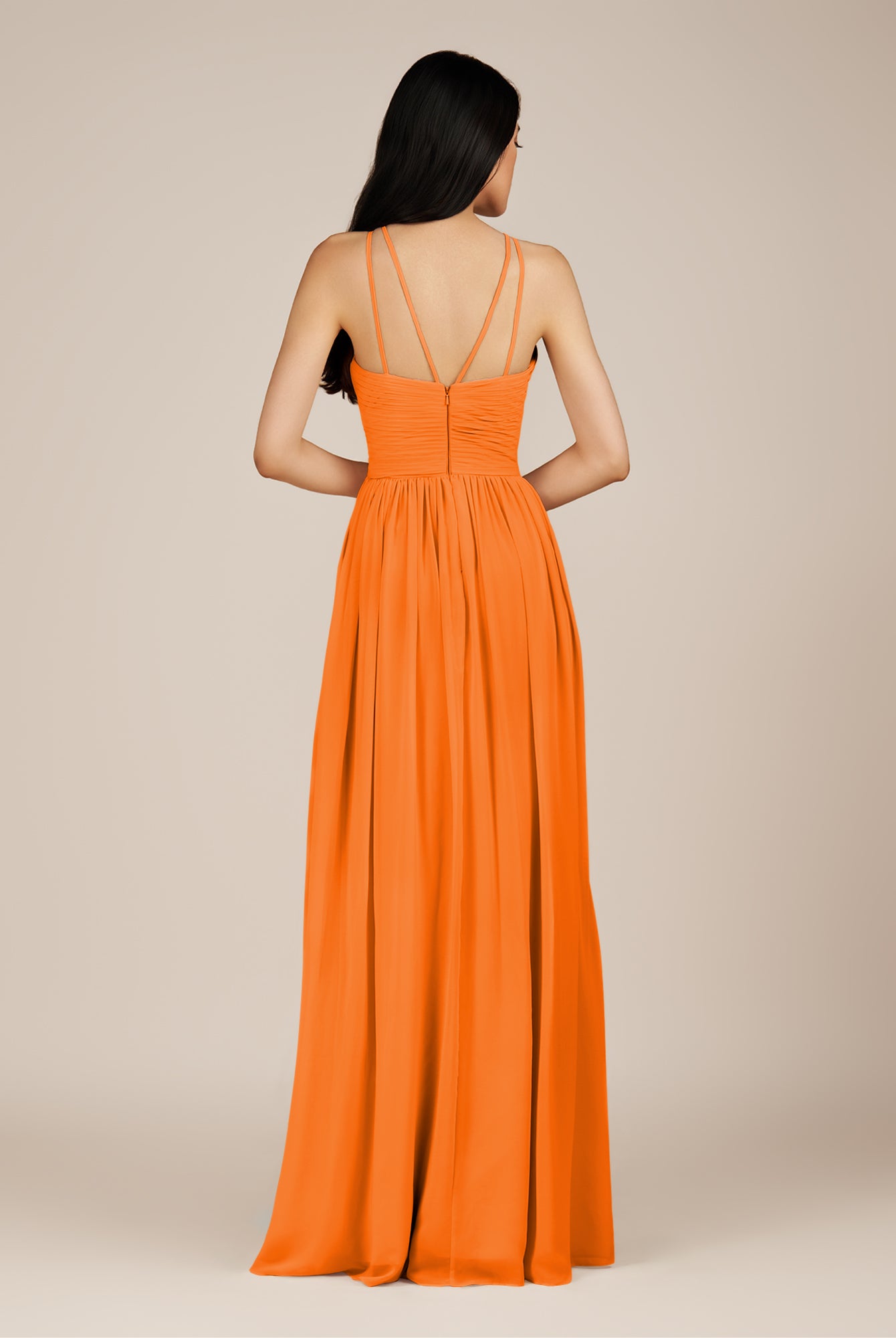 KissDress-Ursa Cinnamon A Line Chiffon Halter Neck Long Bridesmaid Dress with Pleats