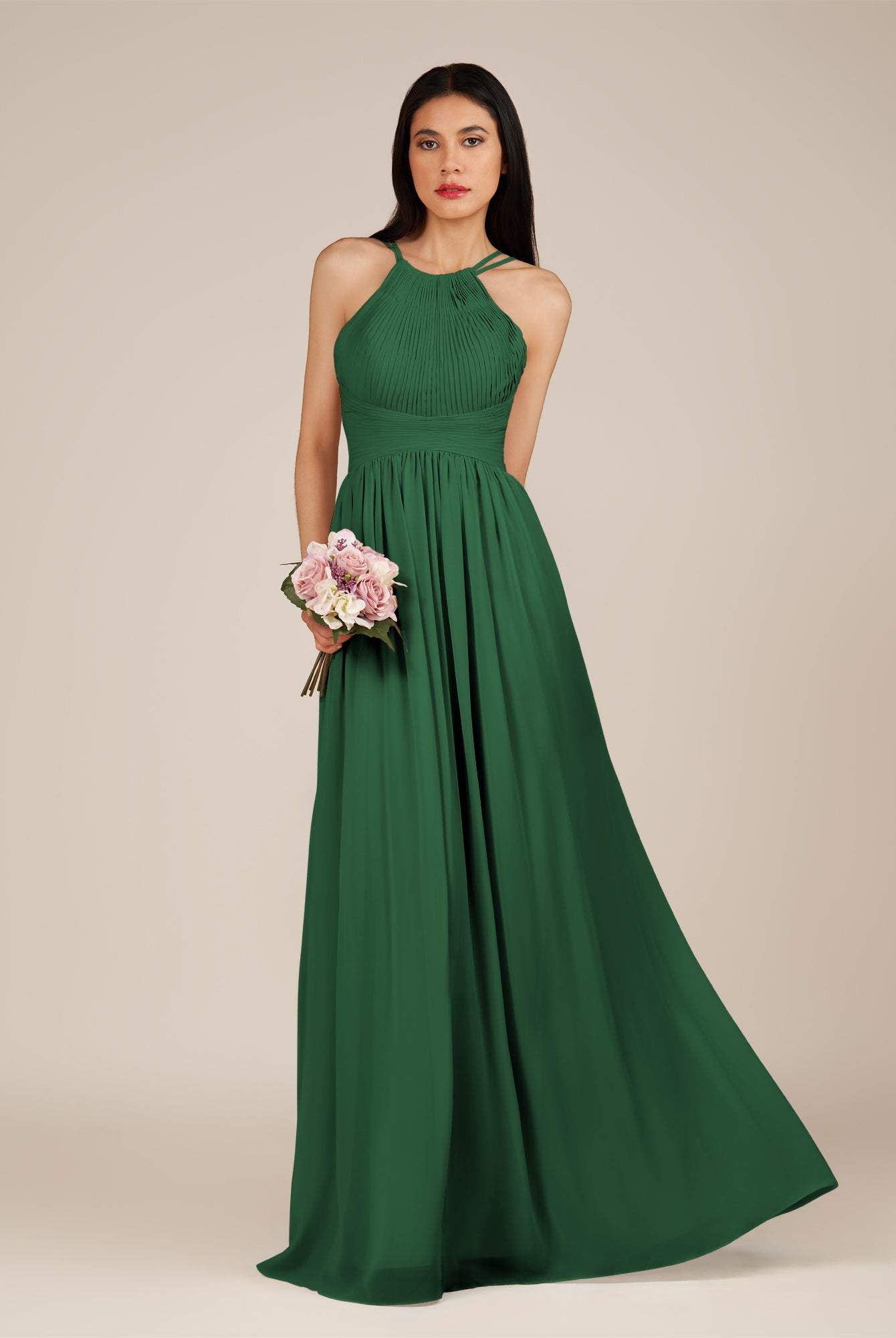 KissDress-Ursa Dark Green A Line Chiffon Halter Neck Long Bridesmaid Dress with Pleats