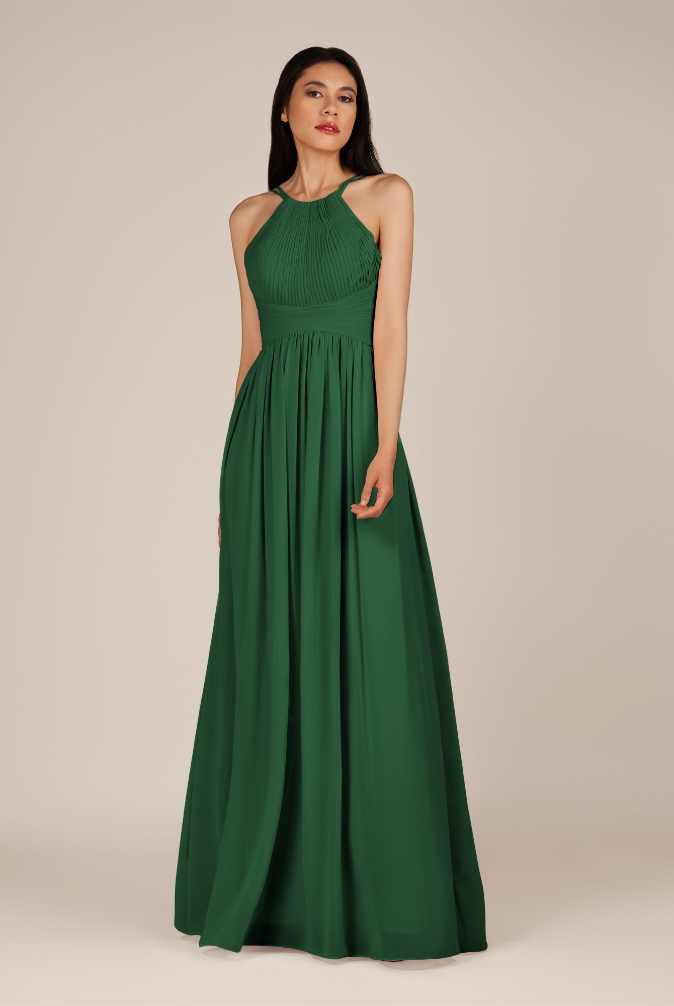 KissDress-Ursa Dark Green A Line Chiffon Halter Neck Long Bridesmaid Dress with Pleats