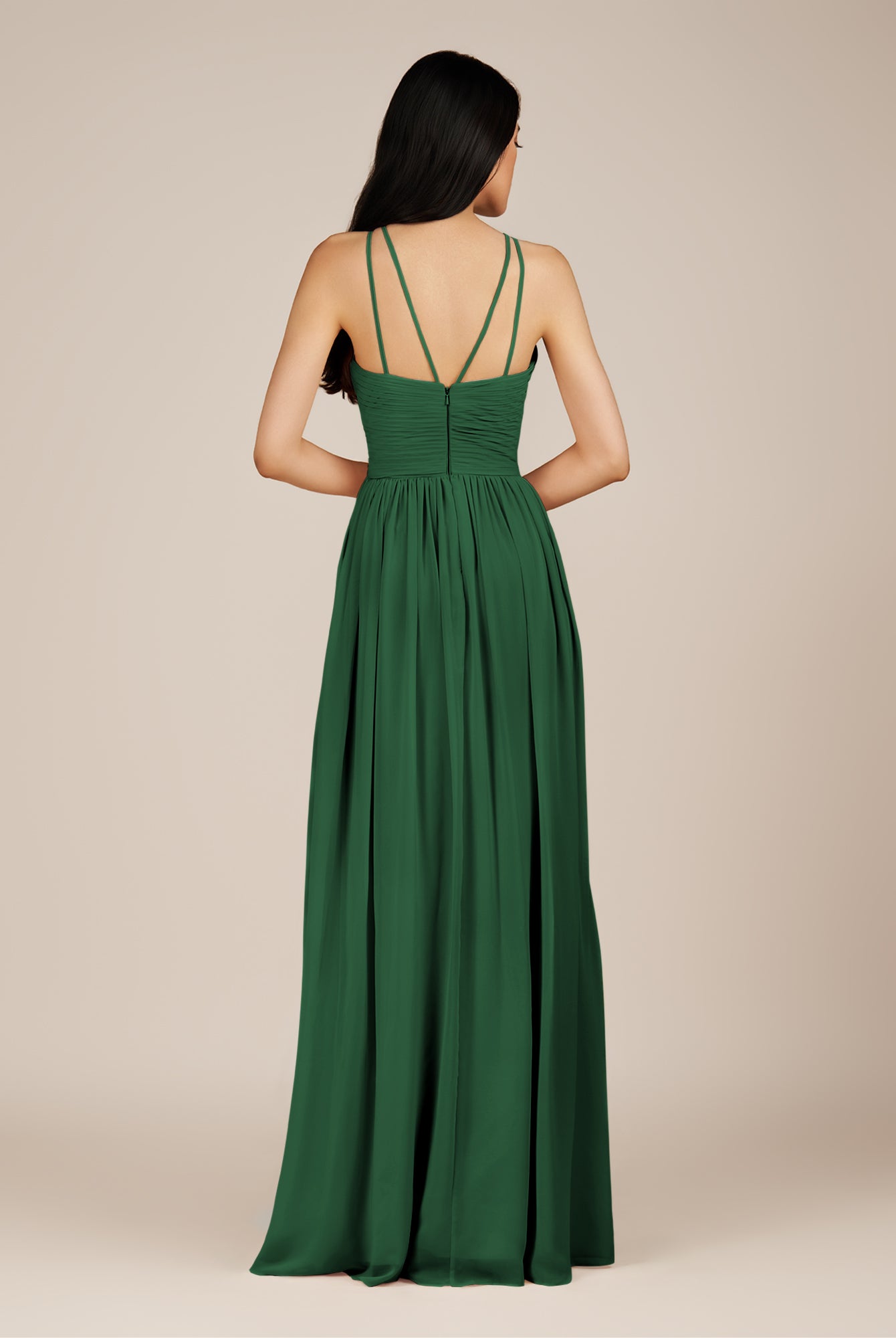 KissDress-Ursa Dark Green A Line Chiffon Halter Neck Long Bridesmaid Dress with Pleats