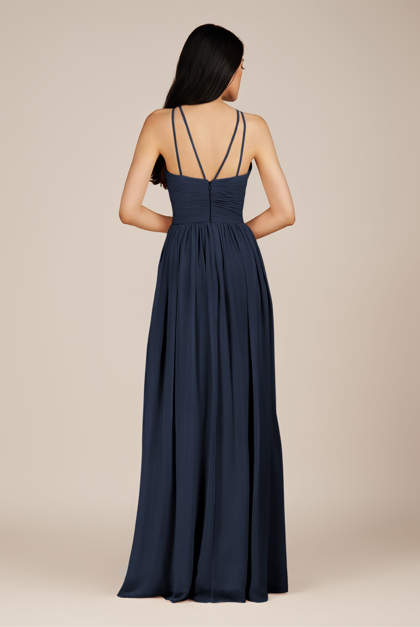 KissDress-Ursa Dark Navy A Line Chiffon Halter Neck Long Bridesmaid Dress with Pleats