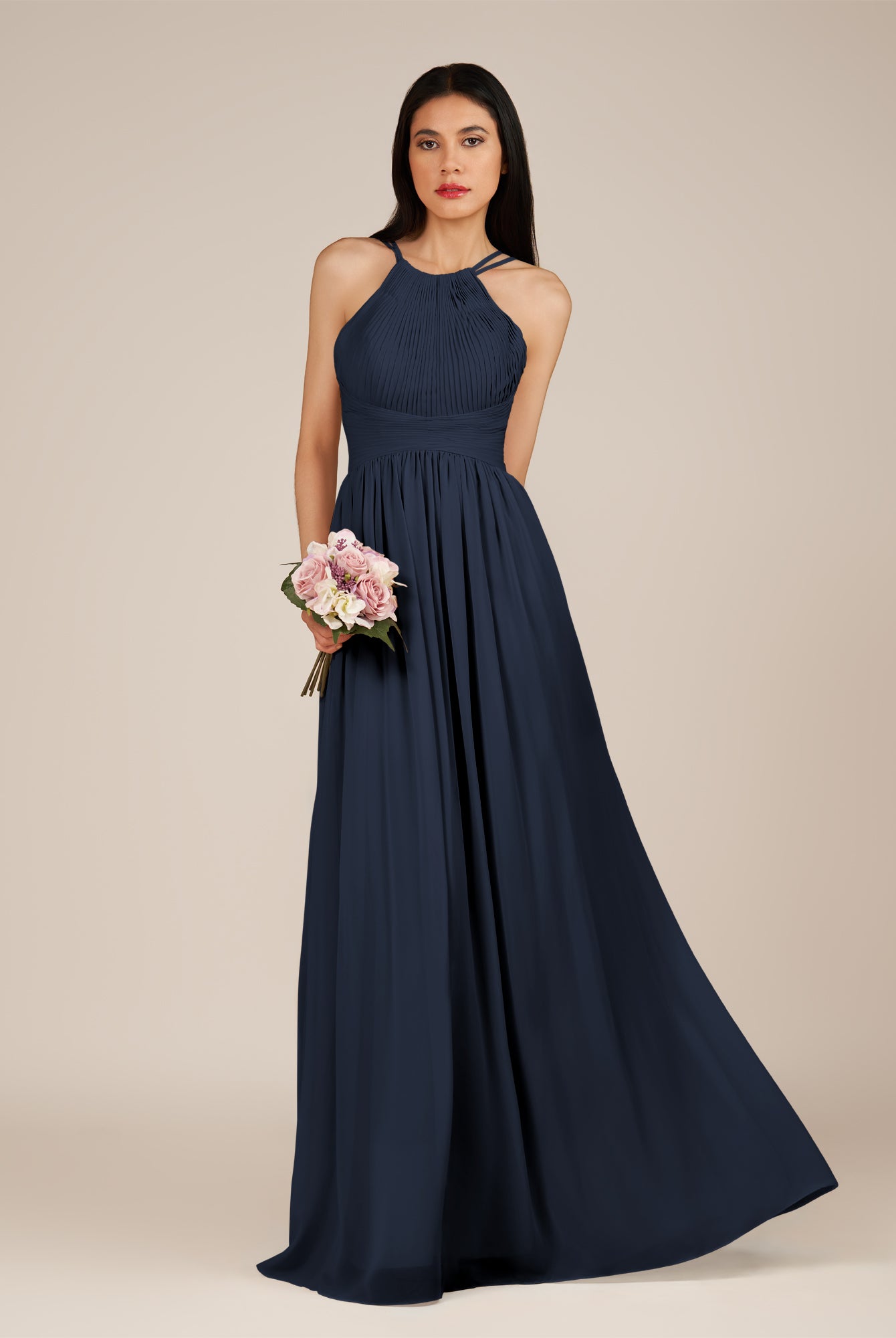 KissDress-Ursa Dark Navy A Line Chiffon Halter Neck Long Bridesmaid Dress with Pleats
