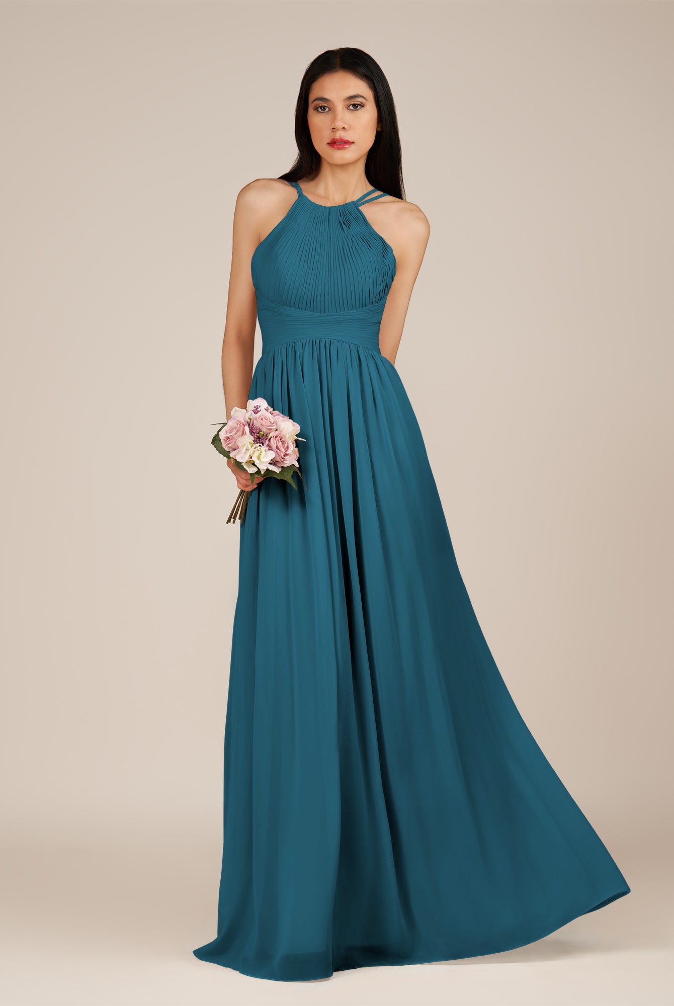 KissDress-Ursa Dark Teal A Line Chiffon Halter Neck Long Bridesmaid Dress with Pleats