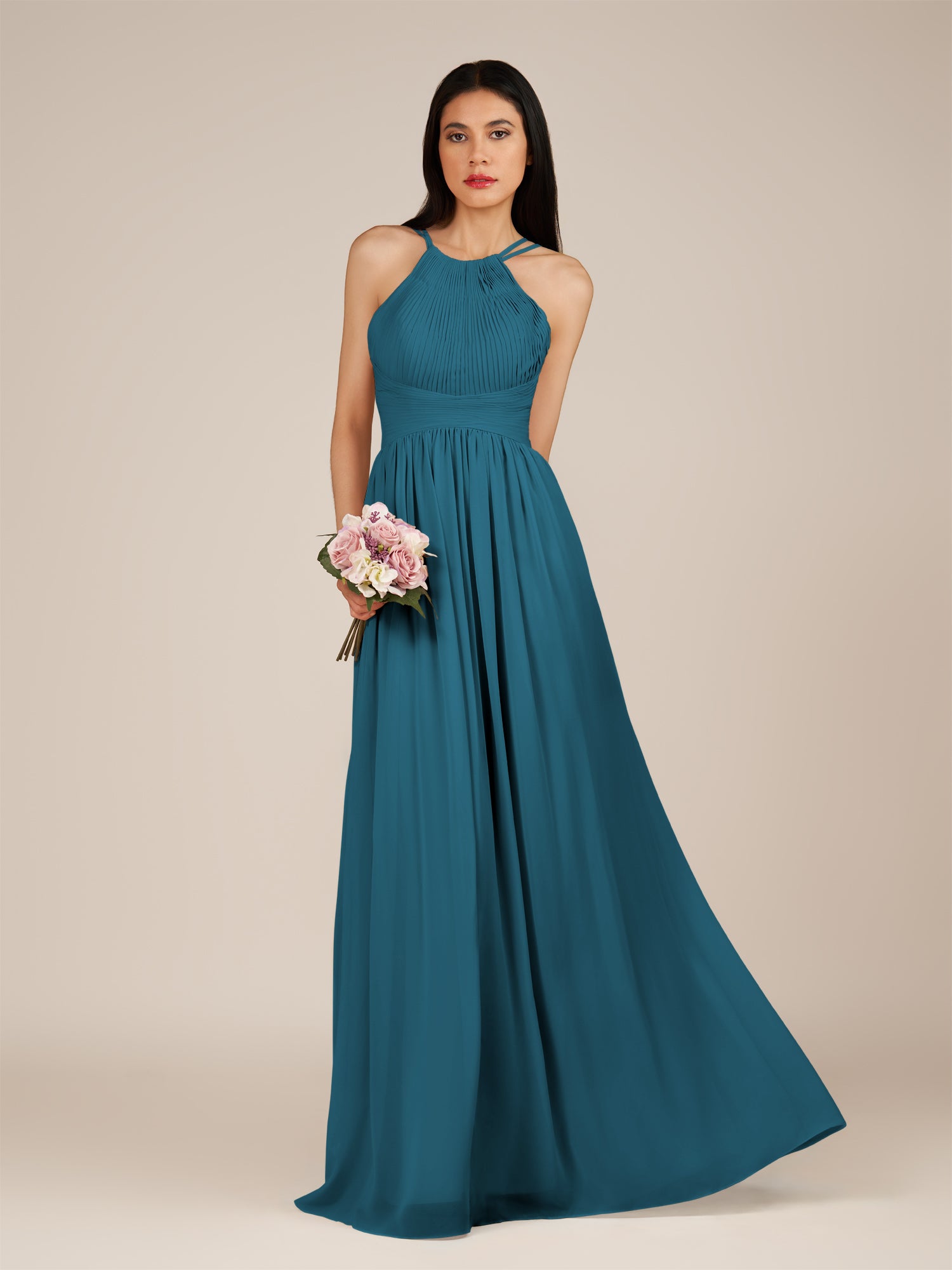 KissDress-Ursa Dark Teal A Line Chiffon Halter Neck Long Bridesmaid Dress with Pleats