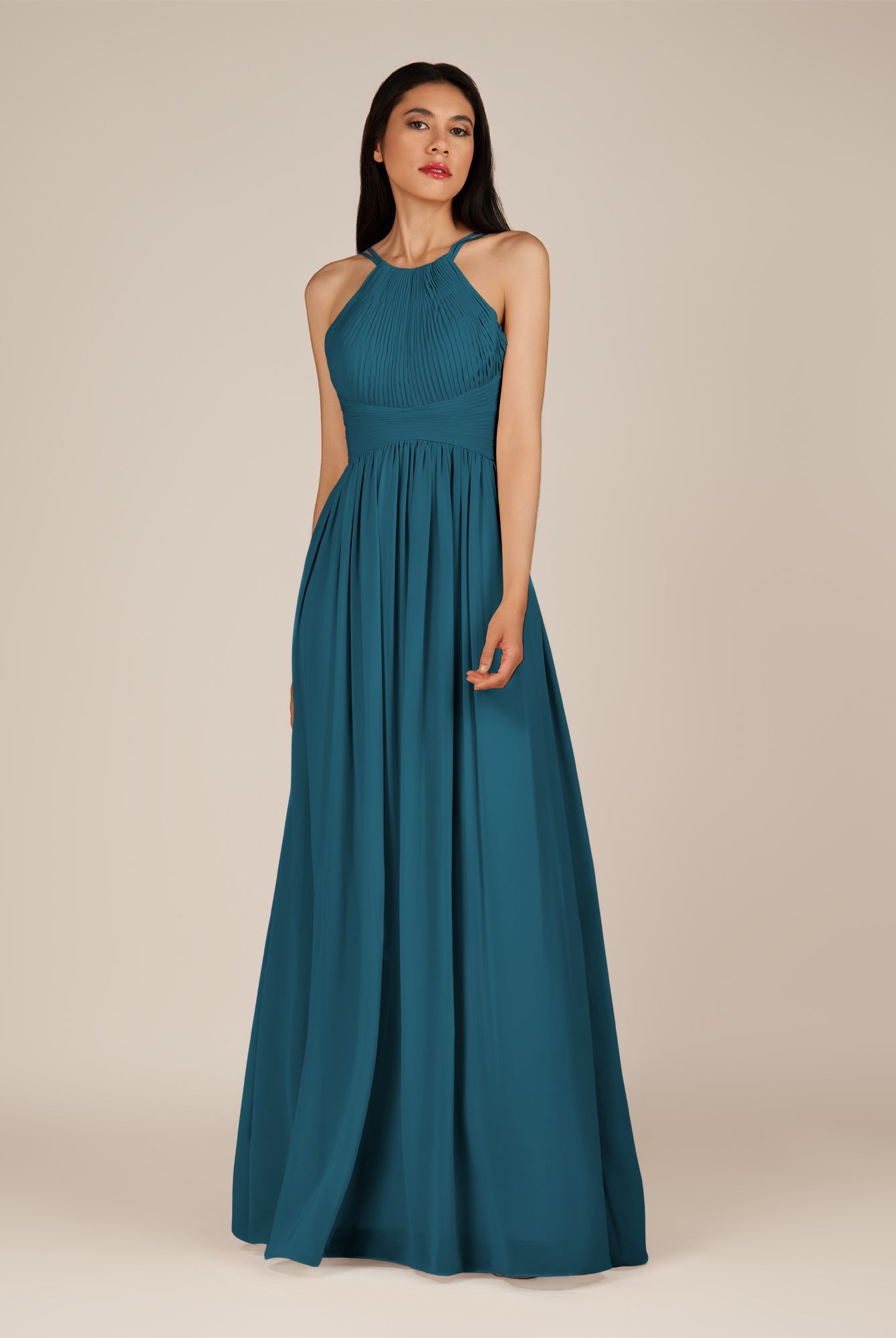 KissDress-Ursa Dark Teal A Line Chiffon Halter Neck Long Bridesmaid Dress with Pleats