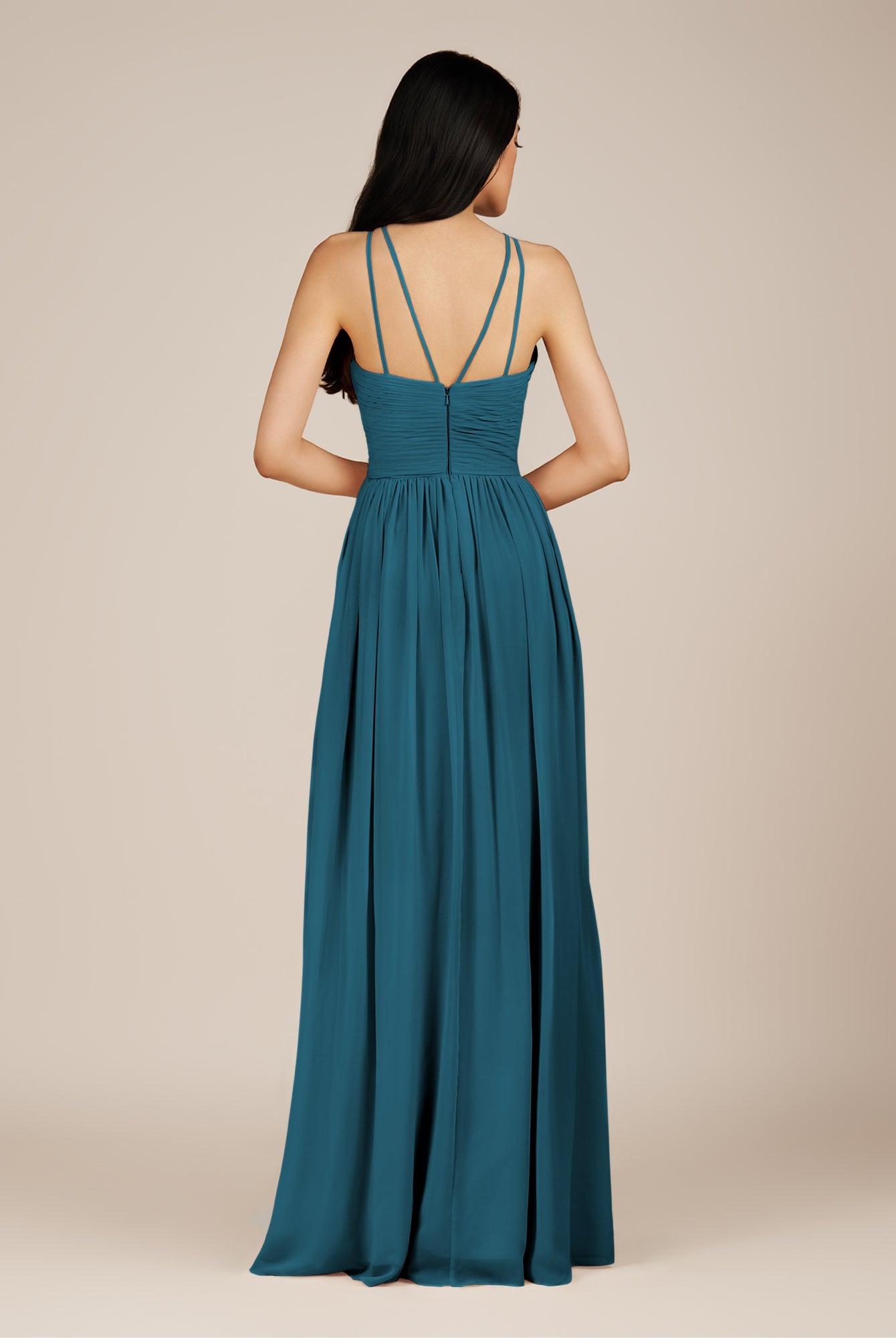 KissDress-Ursa Dark Teal A Line Chiffon Halter Neck Long Bridesmaid Dress with Pleats