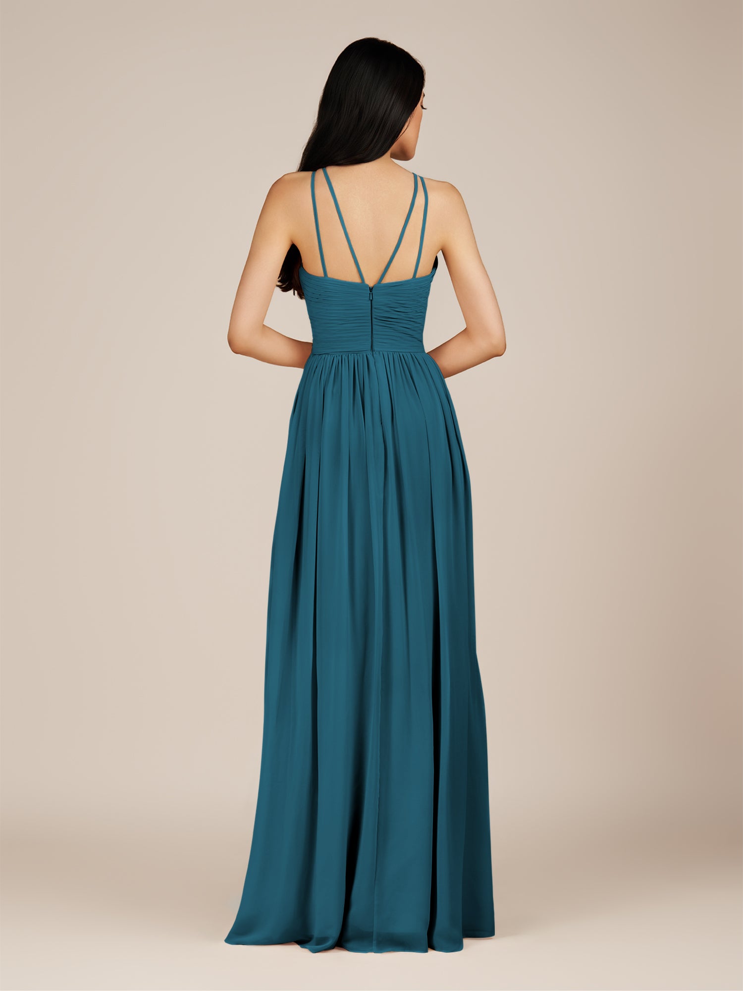 KissDress-Ursa Dark Teal A Line Chiffon Halter Neck Long Bridesmaid Dress with Pleats