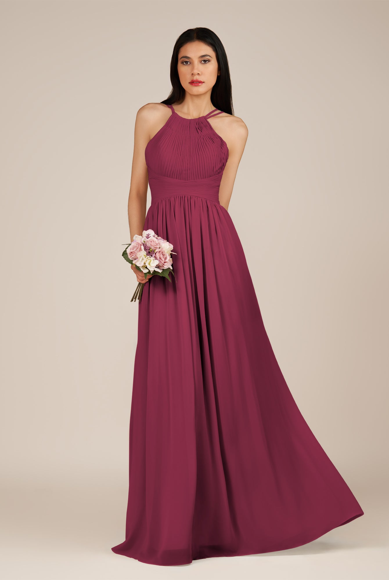 KissDress-Ursa Desert Rose A Line Chiffon Halter Neck Long Bridesmaid Dress with Pleats