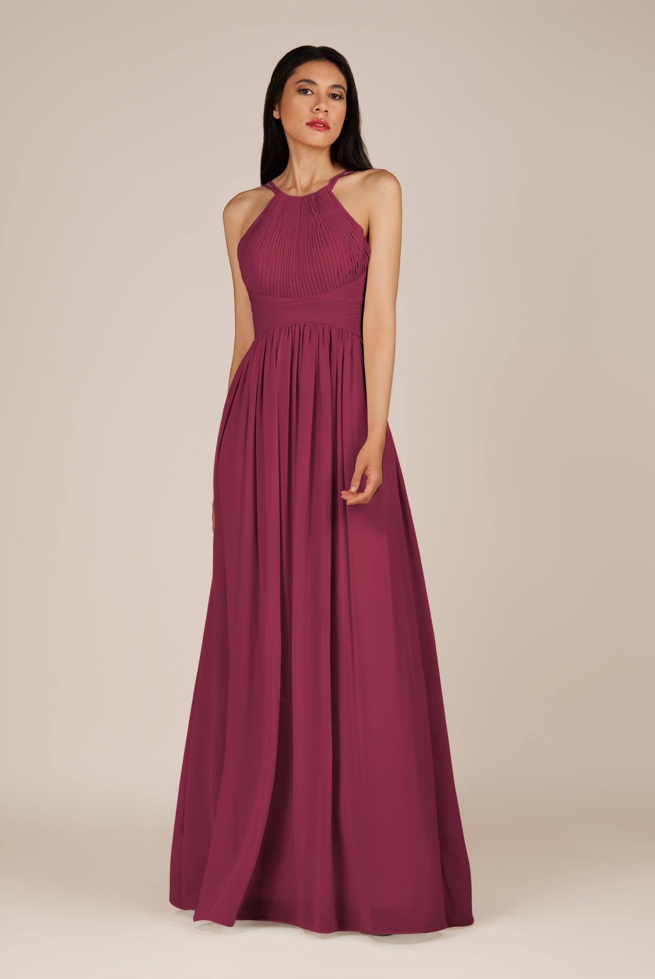 KissDress-Ursa Desert Rose A Line Chiffon Halter Neck Long Bridesmaid Dress with Pleats