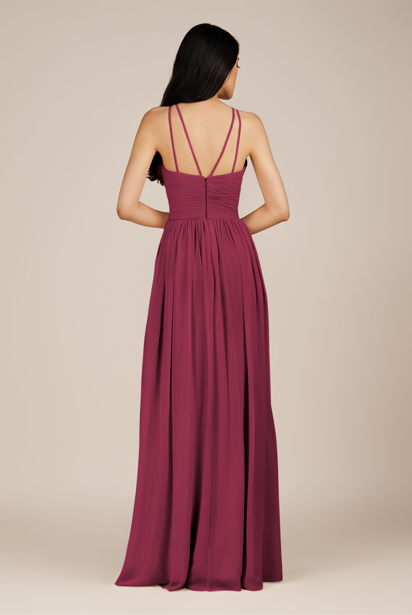 KissDress-Ursa Desert Rose A Line Chiffon Halter Neck Long Bridesmaid Dress with Pleats